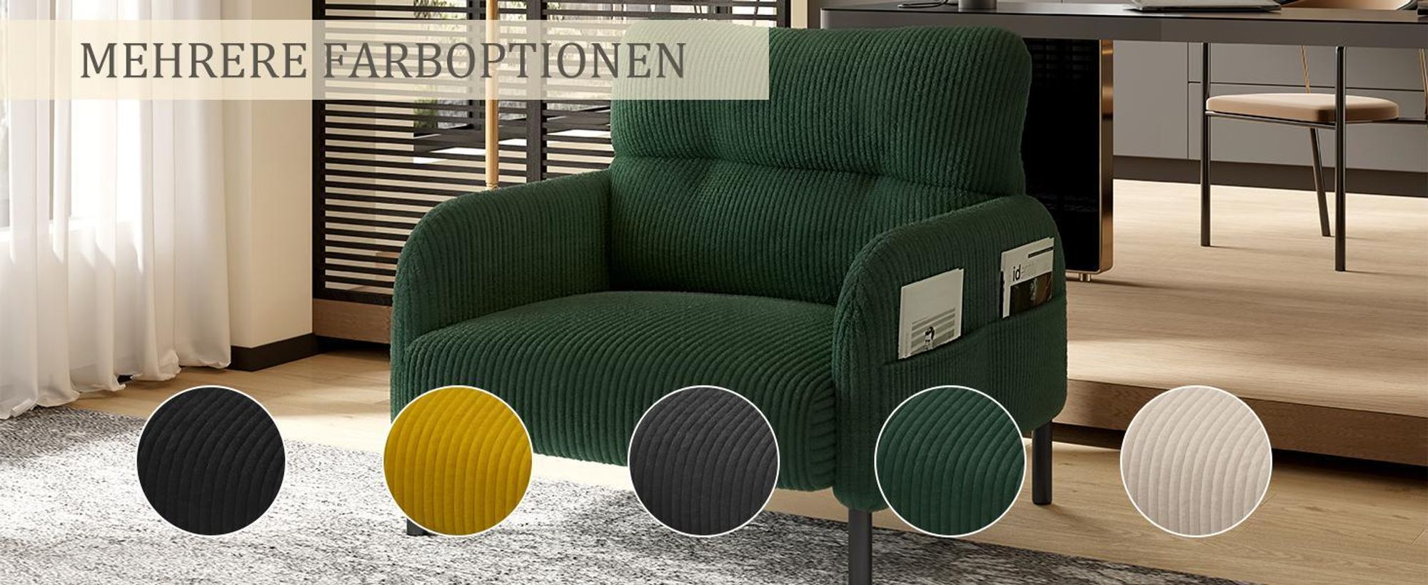 LVHOM Sessel mit Seitentaschen, Relaxsessel Cordstoff, Polstersessel Lehnstuhl Wohnzimmersessel mit Metallbeine, Beige