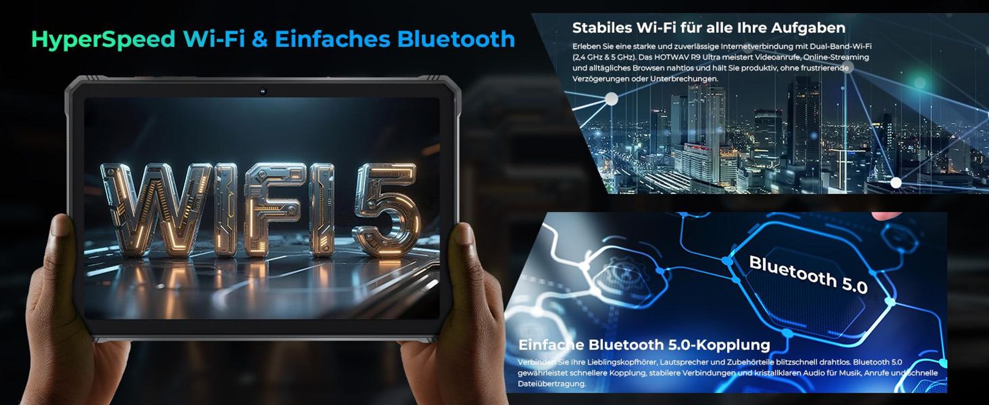 HOTWAV R9 Ultra 5G Outdoor Tablet, 20080mAh Wasserdicht Tablet, Android 15, 11" 2K FHD+ Rugged Tablets 24GB+512GB,64MP IP68/ Dual SIM/5G WiFi/GPS/OTG
