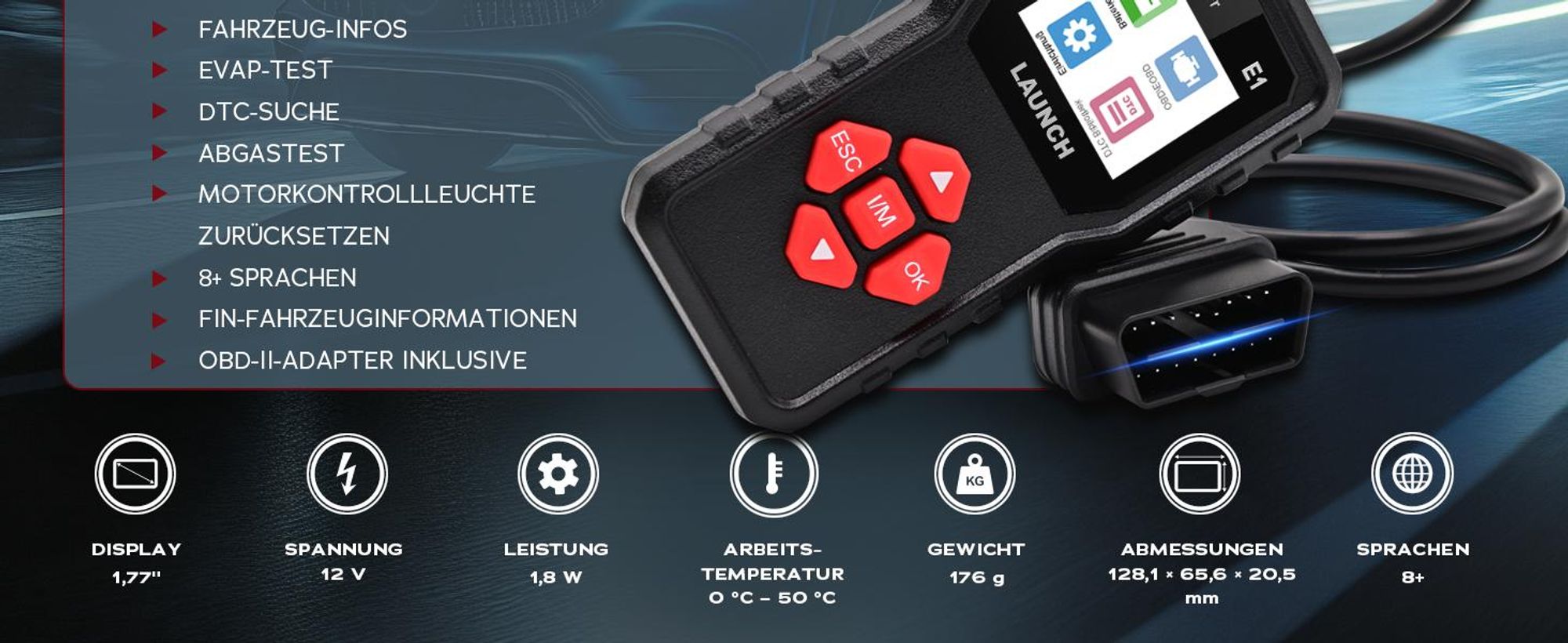 LAUNCH Creader E1 OBD2 Diagnosegerät Auto,Fehlerauslesegerät für Motor & Abgas,liest & löscht Fehlercodes, zeigt Live-Daten & I/M-Bereitschaft