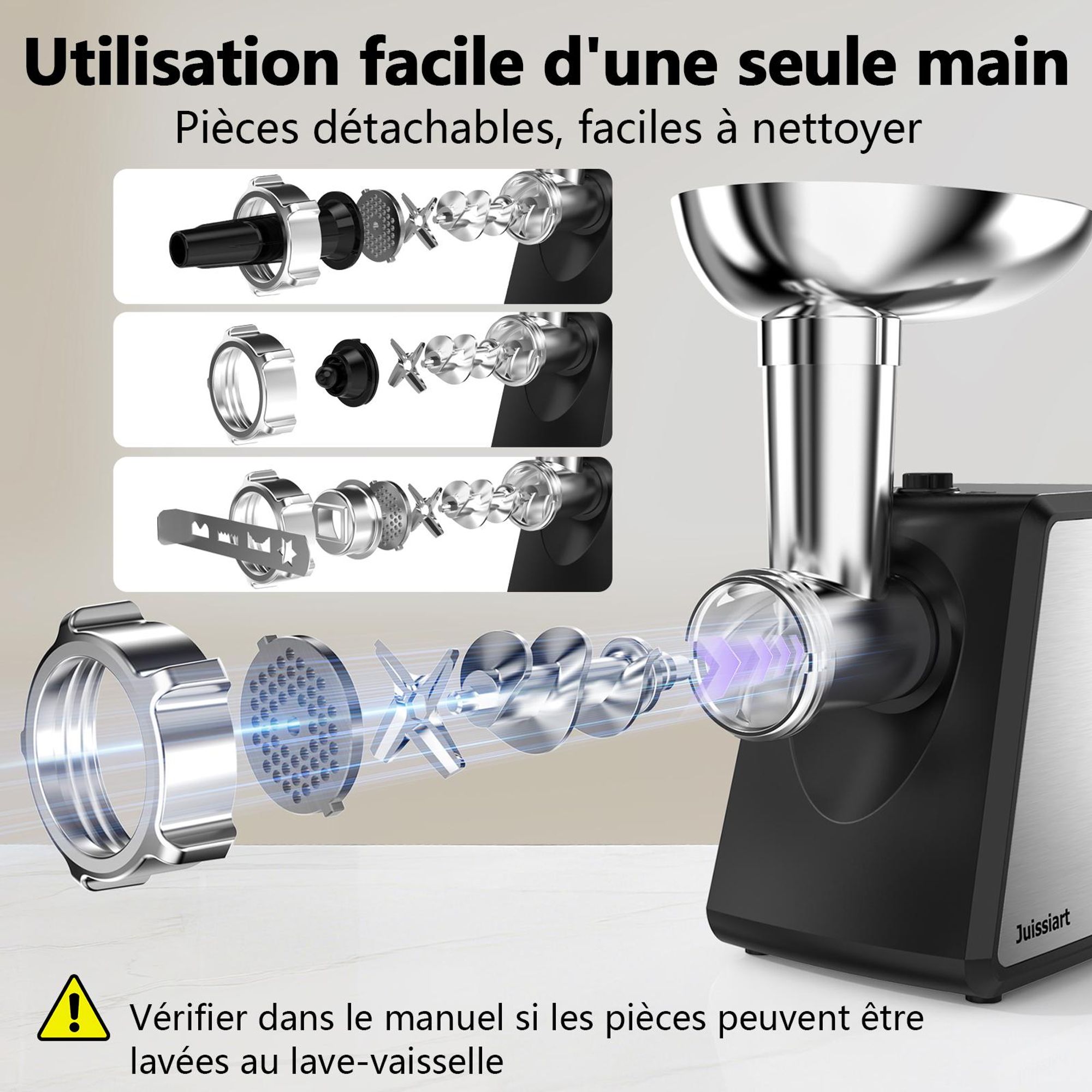 Juissiart MG4150R Hachoir à viande électrique - Puissance 300W Rendement en viande 1.2KG/min Matériau de la lame 420 Acier métallurgique en poudre - Noir