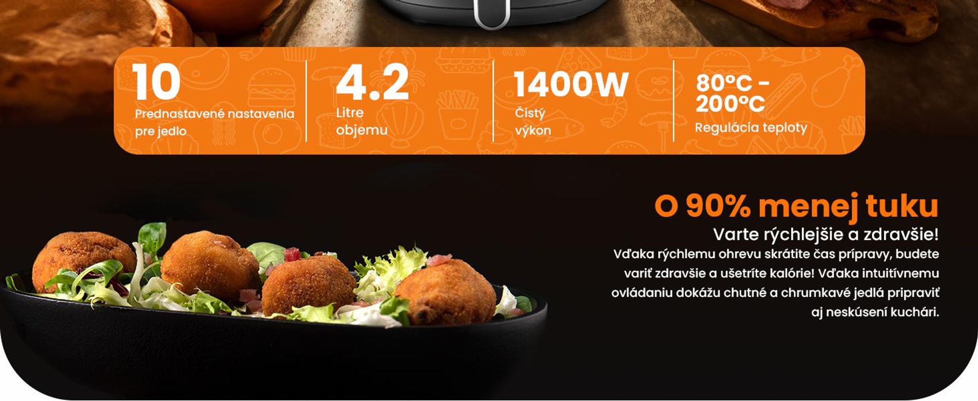 Extralink Air Fryer 4,2 l, teplovzdušná fritéza, 1300 W, dotykový displej, čierna