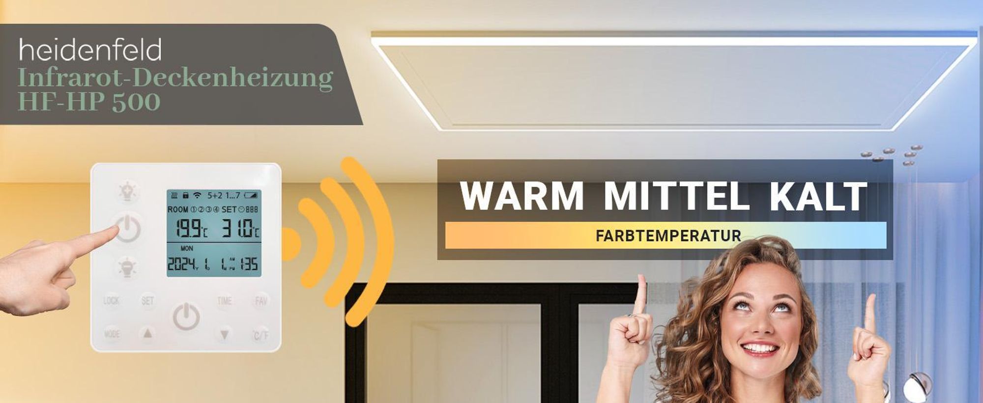 Heidenfeld Infrarot-Deckenheizung HF-HP500 | Mit Licht Kalt/Warmweiß - Bis 17 m² - Fernbedienung - LED-Rahmen - Dimmbar - Lampe - Heizung (640 Watt)