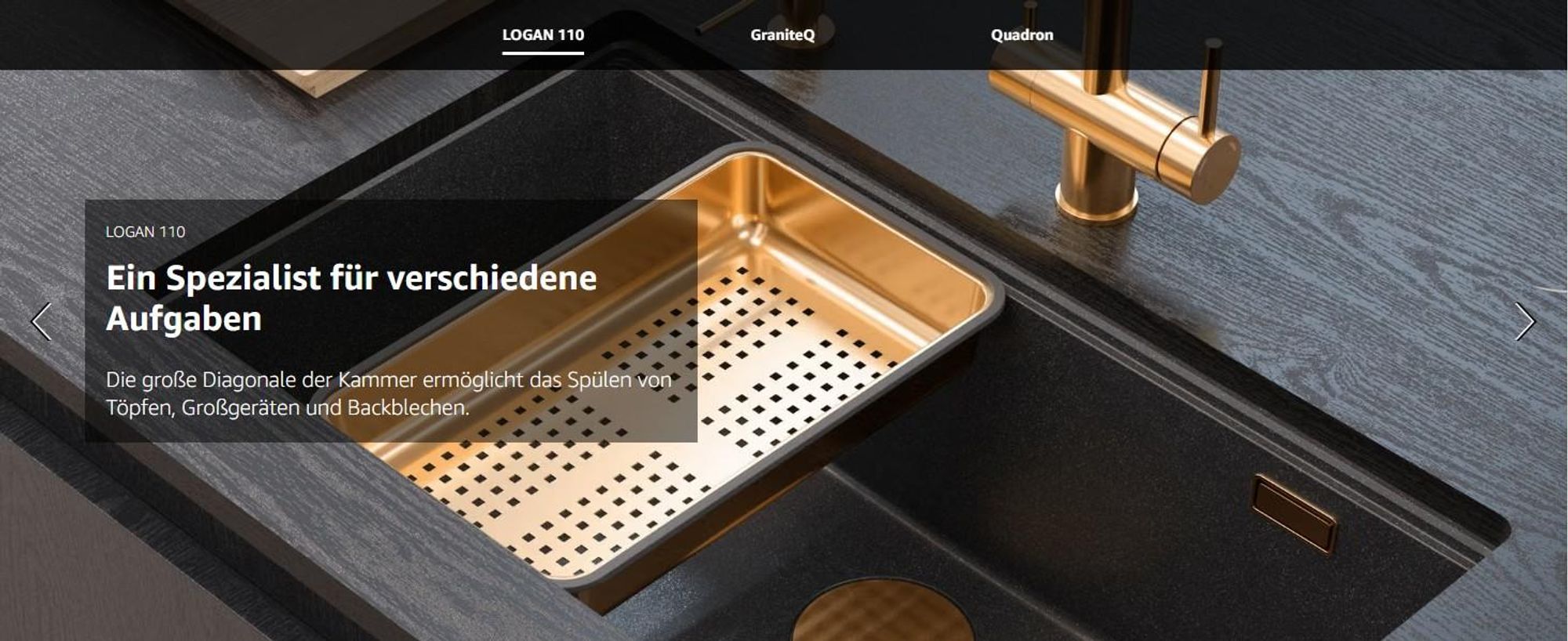 QUADRON Spülbecken 1-Becken Spüle | Größe: 70 x 37 x 23,5 cm | LOGAN 110 | Unterbauspüle Granitspüle aus GraniteQ mit Siphon | Beige + Golden PVD