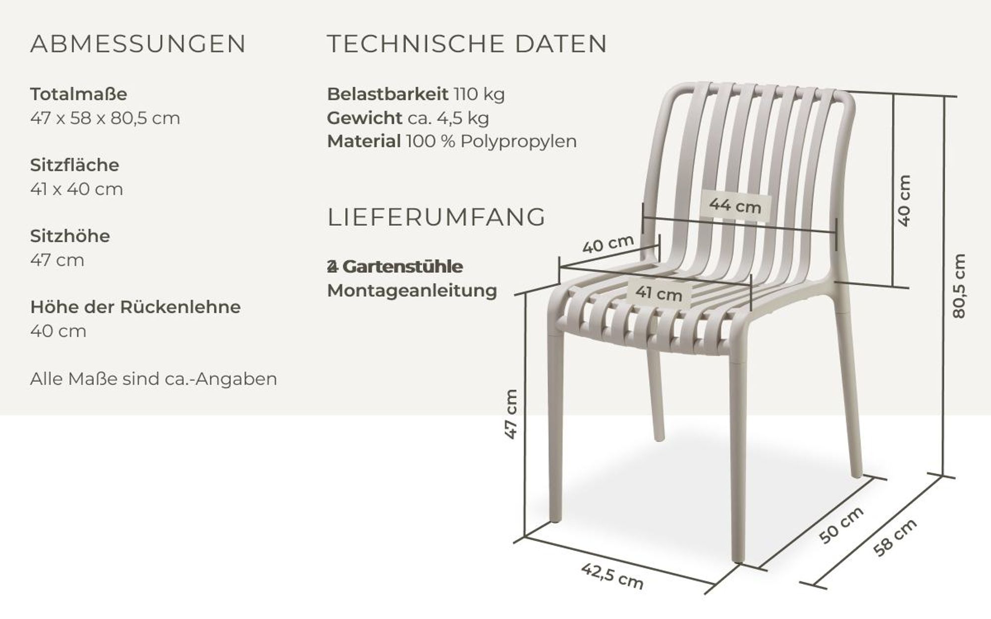 tectake® Gartenstühle Alcudia, wetterfest, stapelbar
