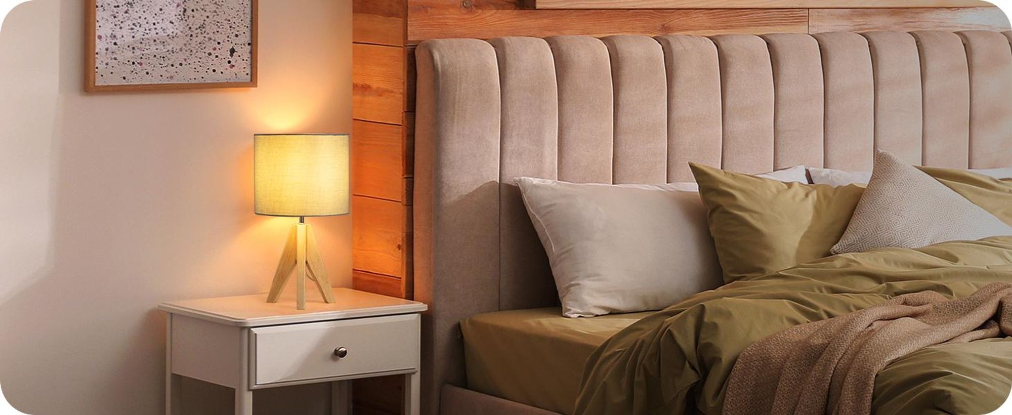 EDISHINE Tischlampe Holz,LED Nachttischlampe mit Glühbirne, E27 Tischleuchte mit Schirm, Grün