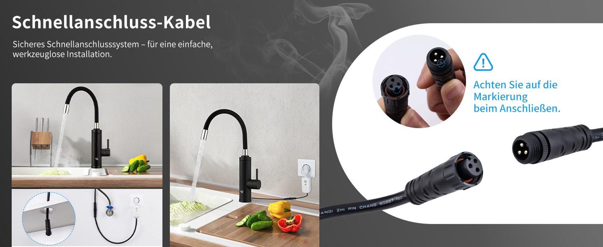 HOMELODY Elektrischer Wasserhahn mit Durchlauferhitzer 3300W, Armatur Küche 304 Edelstahl mit 360° Flexibler Schlauch LED Temperaturanzeige Schwarz