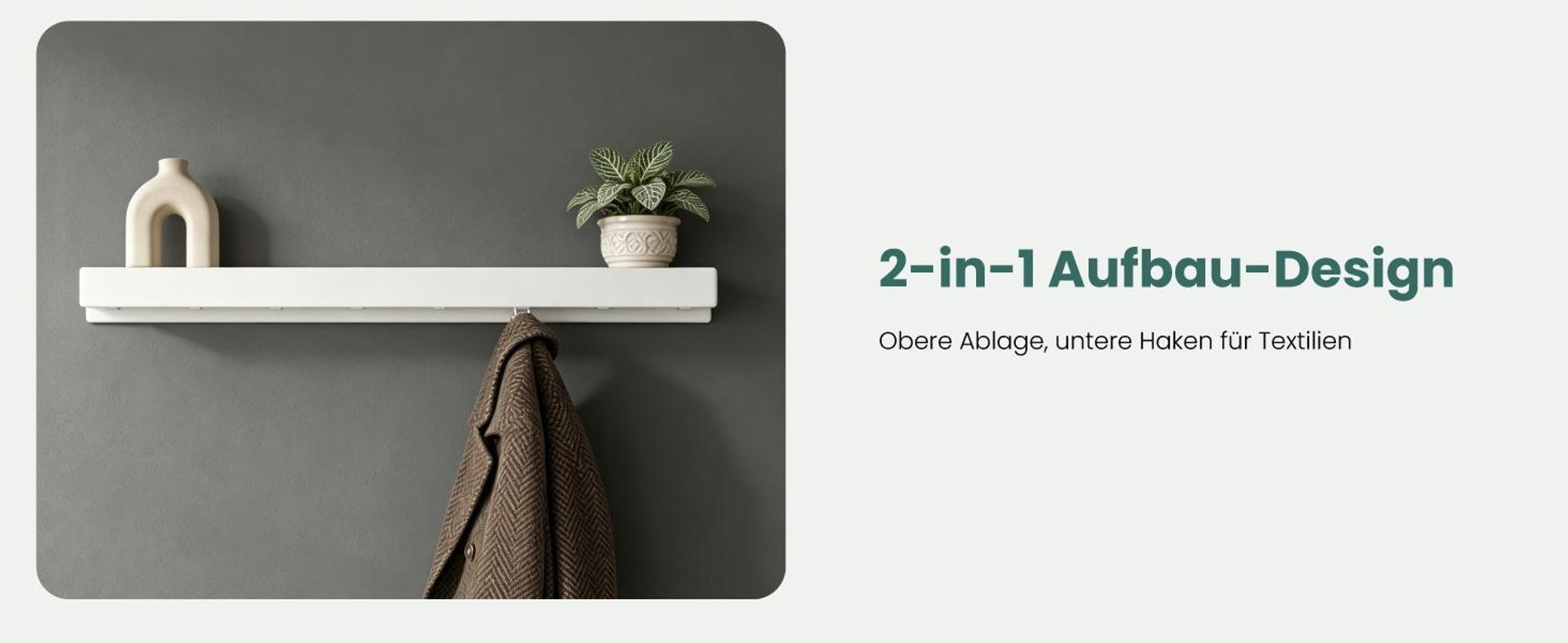 Mai & Mai Wandgarderobe mit Ablage und 4 Haken, Garderobenleiste mit versteckten Kleiderhaken, Kleiderstange Wandmontage 40cm, Sandweiß Stalo-11