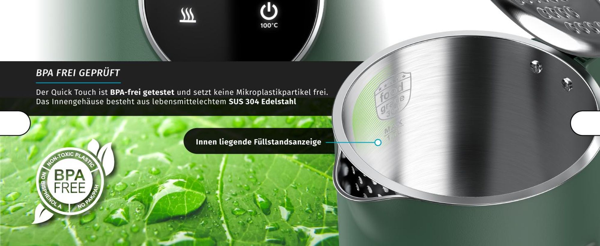 Arendo Wasserkocher mit Temperatureinstellung 40°C - 100°C mit Anzeige, Temperaturwahl, Edelstahl, 1,7 L, 2200W, LED-Display, Holzoptik-Griff, BPA-frei