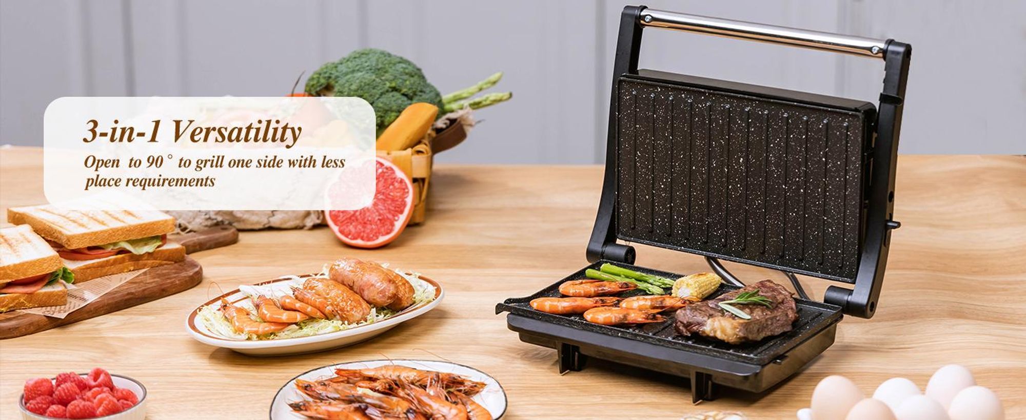 Aigostar - XXL Kontaktgrill Panini Grill, Sandwich Maker, Edelstahl, 1000W , Gleichmäßige Erwärmung, 180° Kontaktgrill, Leicht zu lagern