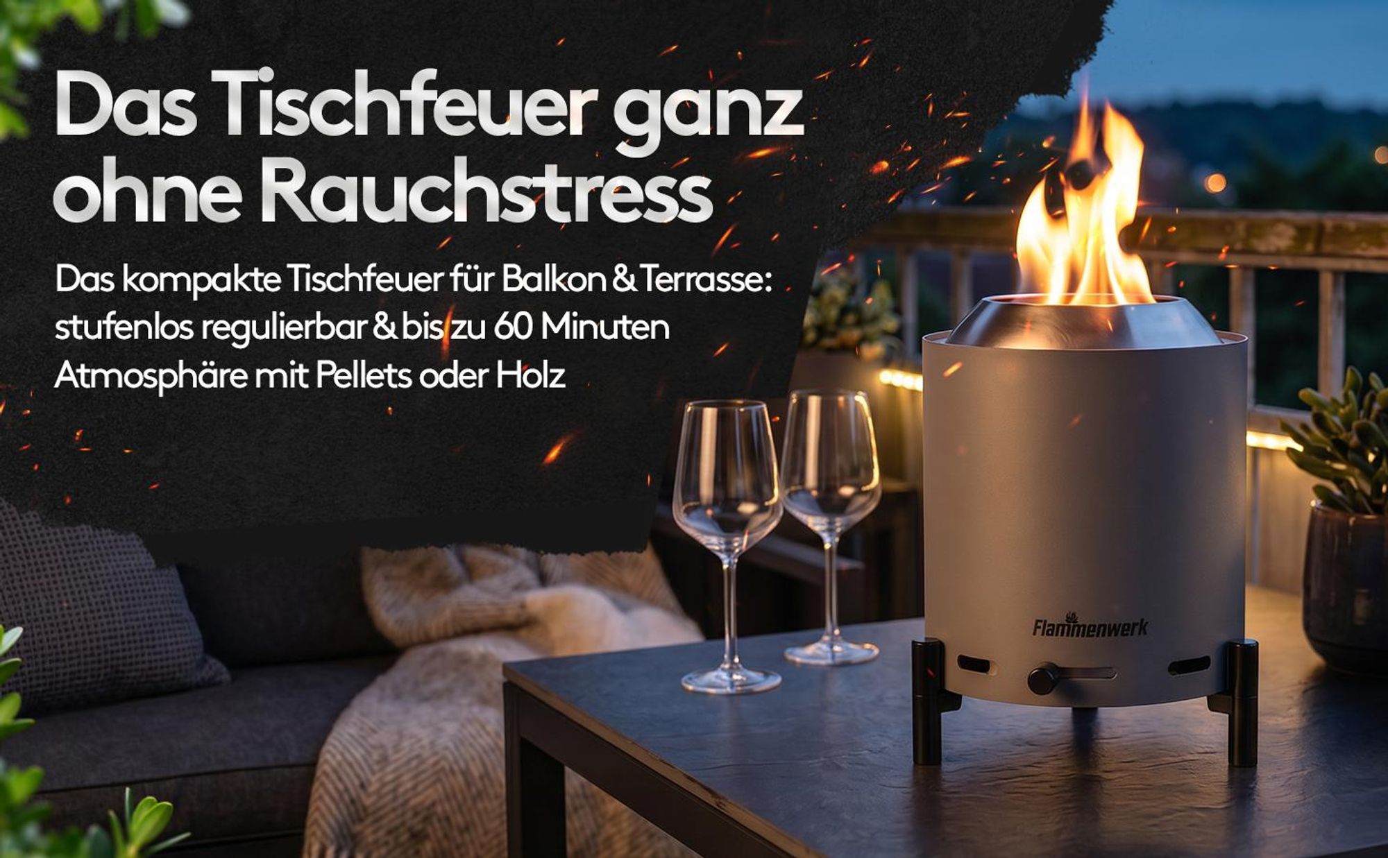 Raucharmes Tischfeuer, Tischkamin Outdoor für Pellets & Holz – Outdoor-Tischfeuer 360° Luftregulierung– Perfekt für Balkon, Terrasse & Camping