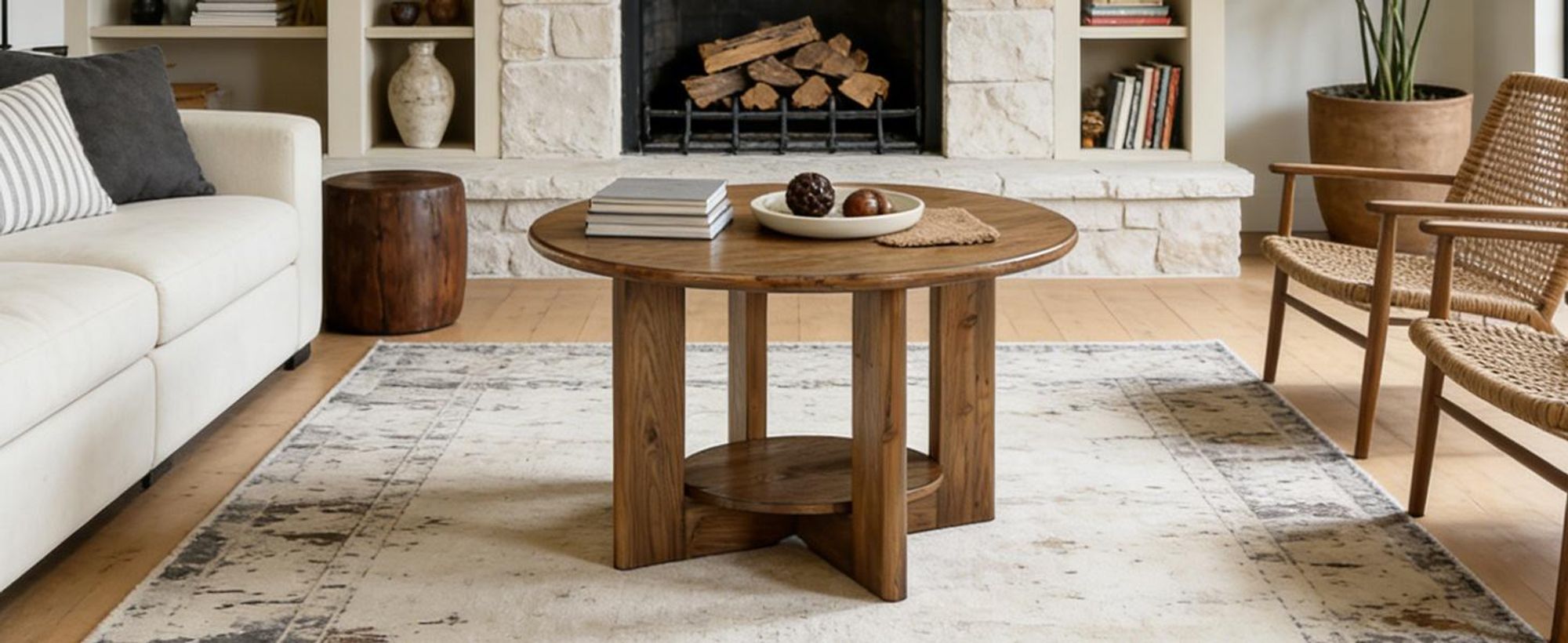 Tribesigns runder Couchtisch, runder Couchtisch aus Massivholz mit 2 Ablageflächen, kleiner Beistelltisch im Landhausstil, rustikales Braun