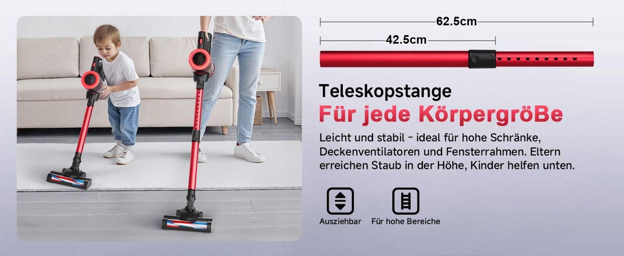 Akku Staubsauger, 500W/32000 Pa Staubsauger kabellos mit HEPA ,45 Min, kabelloser Staubsauger,Anti-Tangle-Staubsauger, Handstaubsauger für Tierhaare