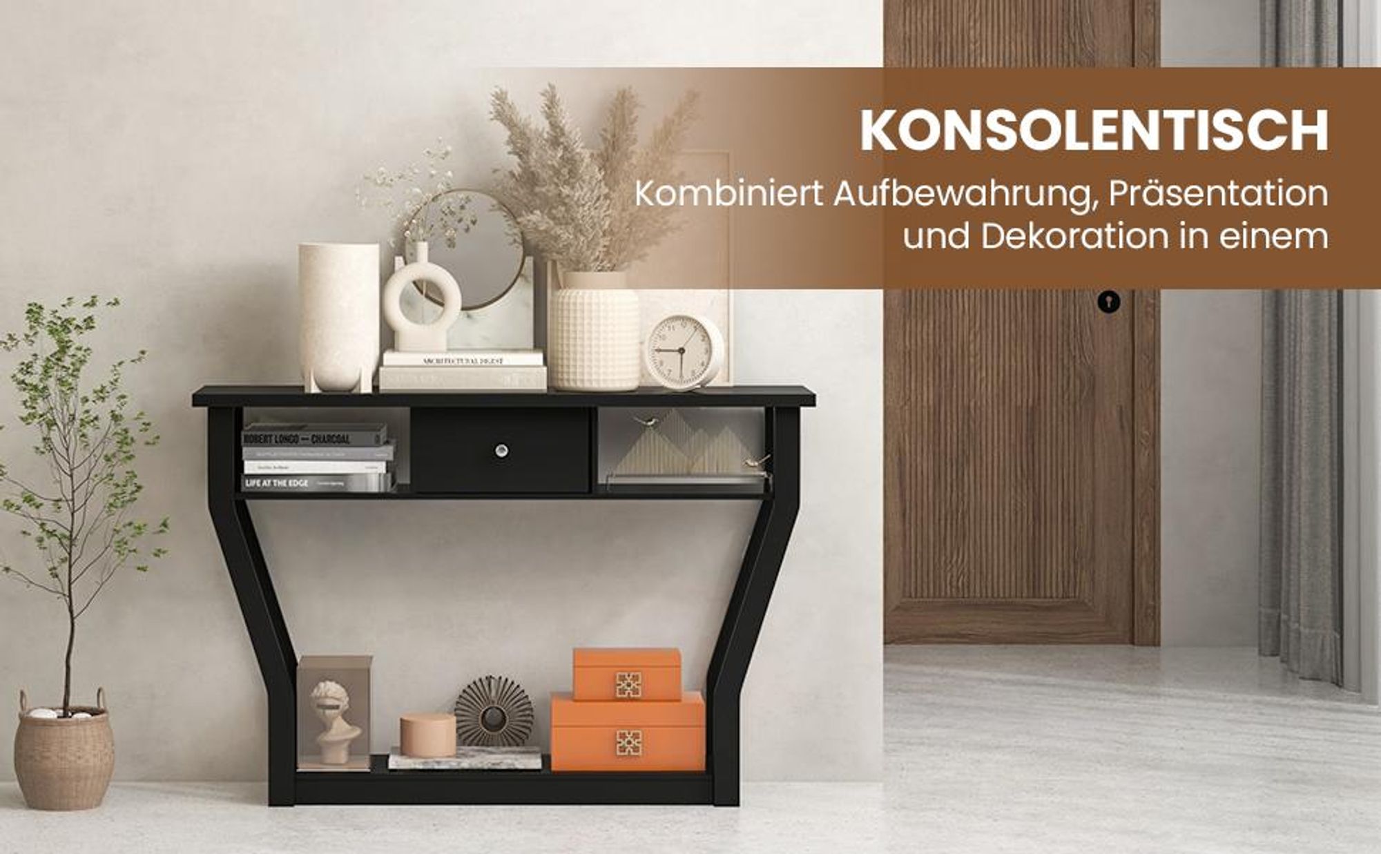 COSTWAY Konsolentisch mit Schublade und Regal, Flurtisch Beistelltisch schwarz
