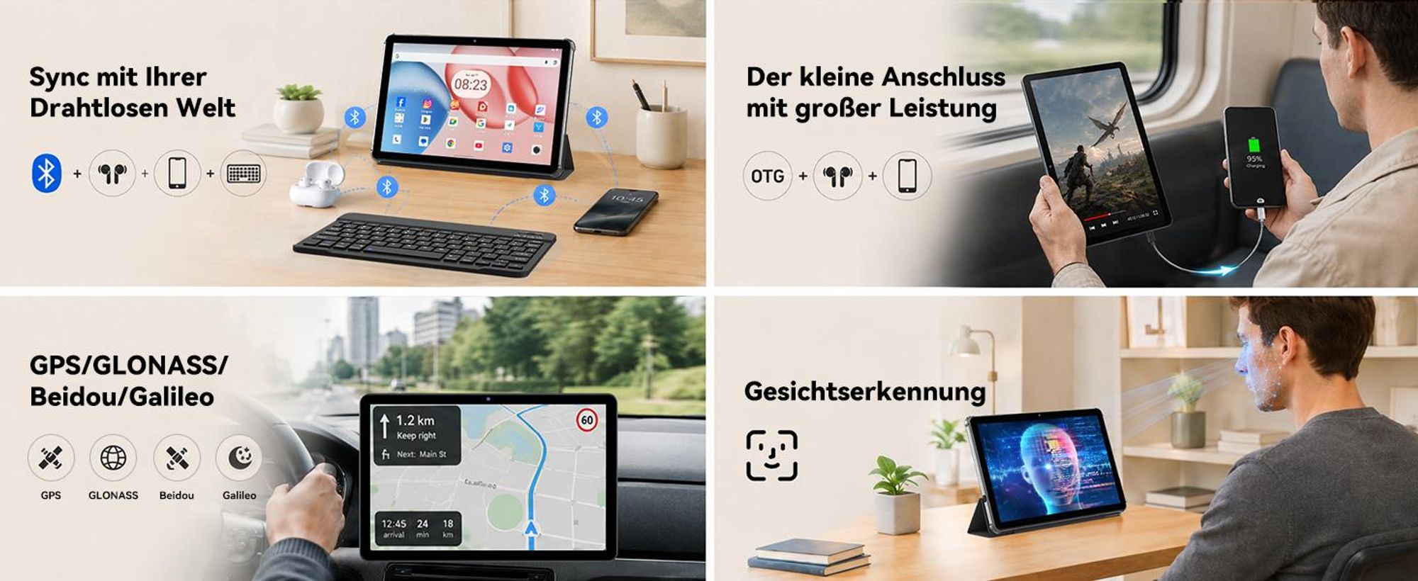 W80 10.1" 120Hz Tablet, 32+128GB/2TB, Android 16, 4G SIM+5G WIFI, Gemini AI 4.0, Widevine L1, 6000mAh, OTG, mit Tastatur/Maus/Stift/Schutzhülle Set
