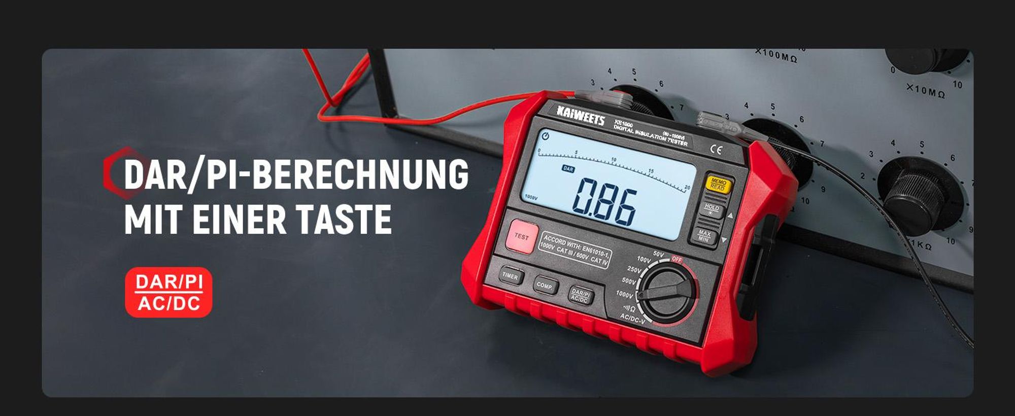KAIWEETS KE1000 Megohmetro Tester Resistenza Isolamento 100GΩ 1000V