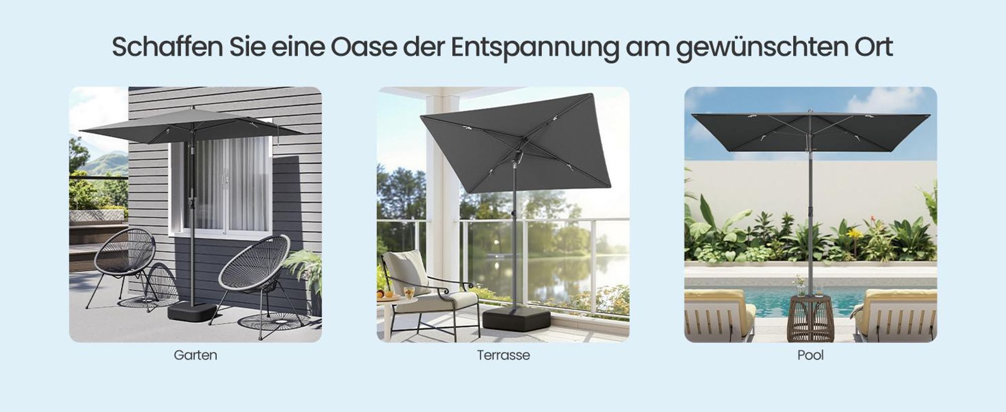 SONGMICS Sonnenschirm 190 x 120 cm, UPF 50+ Sonnenschutz für Garten Terrasse Strand, knickbar, ohne Ständer, grau