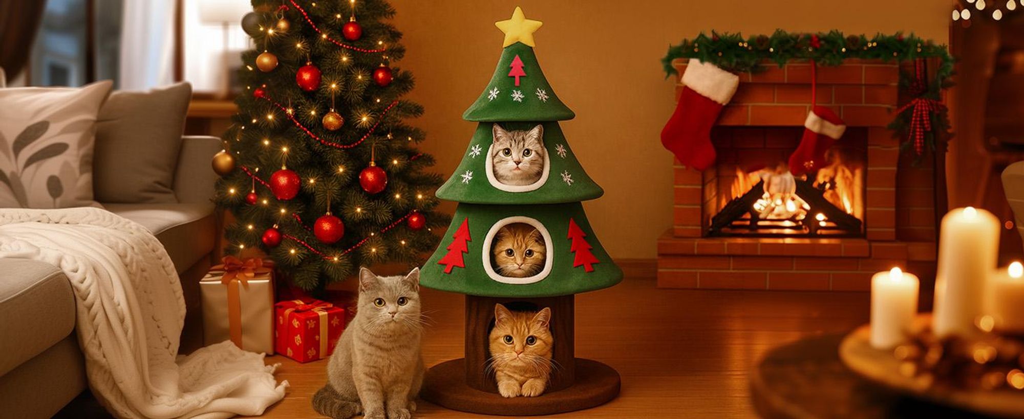 COMHOMA Kratzbaum 135 cm hoch, Weihnachtsbaum-Design, mehrstöckiger Katzenbaum mit Katzenhaus, mit Kratzsäulen Spielball Stabiler Kletterbaum für Katz