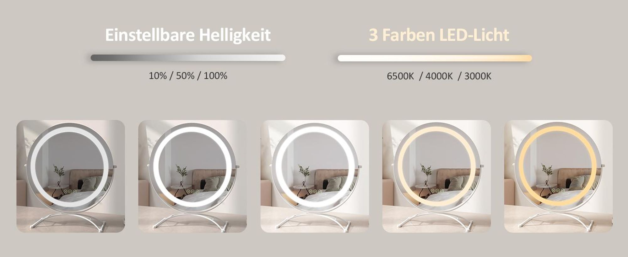 EMKE Schminkspiegel mit Beleuchtung, Hollywood Spiegel mit 3 Lichtfarben, Smart-Touch-Steuerung Schminktisch Spiegel mit Licht 360° drehbar, Einstellbare Helligkeit und Memory-Funktion (Φ400mm, Weiß)
