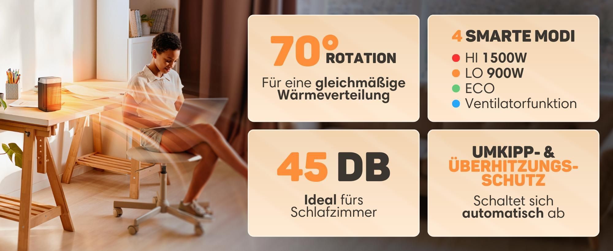 Vulpes Goods Keramik Heizlüfter, Elektrischer Heizlüfter mit Fernbedienung, Keramikheizung, 4 Stufen, 1500W, Timer & Thermostat, Für drinnen, Schwarz