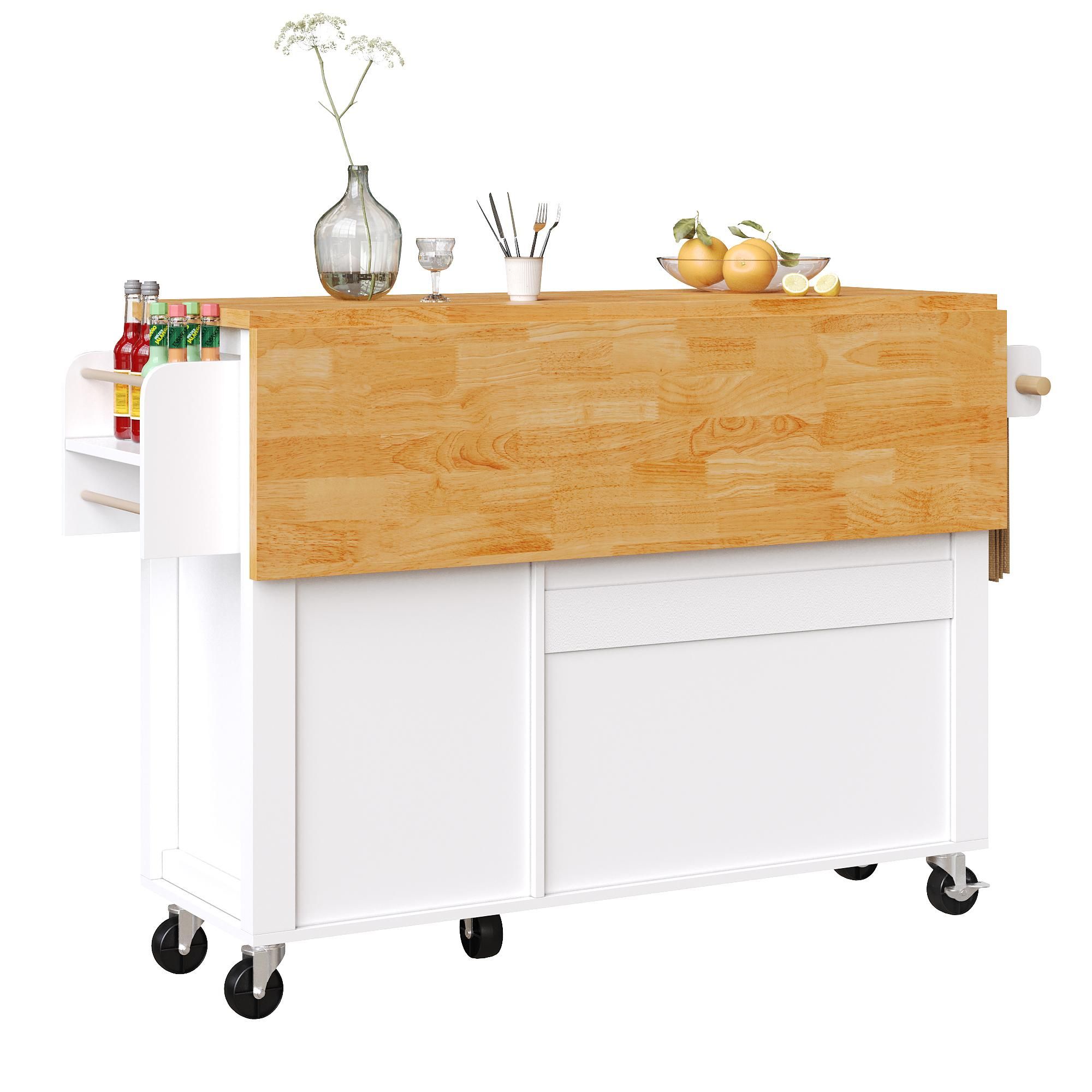Flieks Servierwagen Speisewagen Erweiterbar, Buffetschrank Kücheninsel mit Schublade, Handtuchhalter und Gewürzregal, 99x40-70x90 cm, Weiß