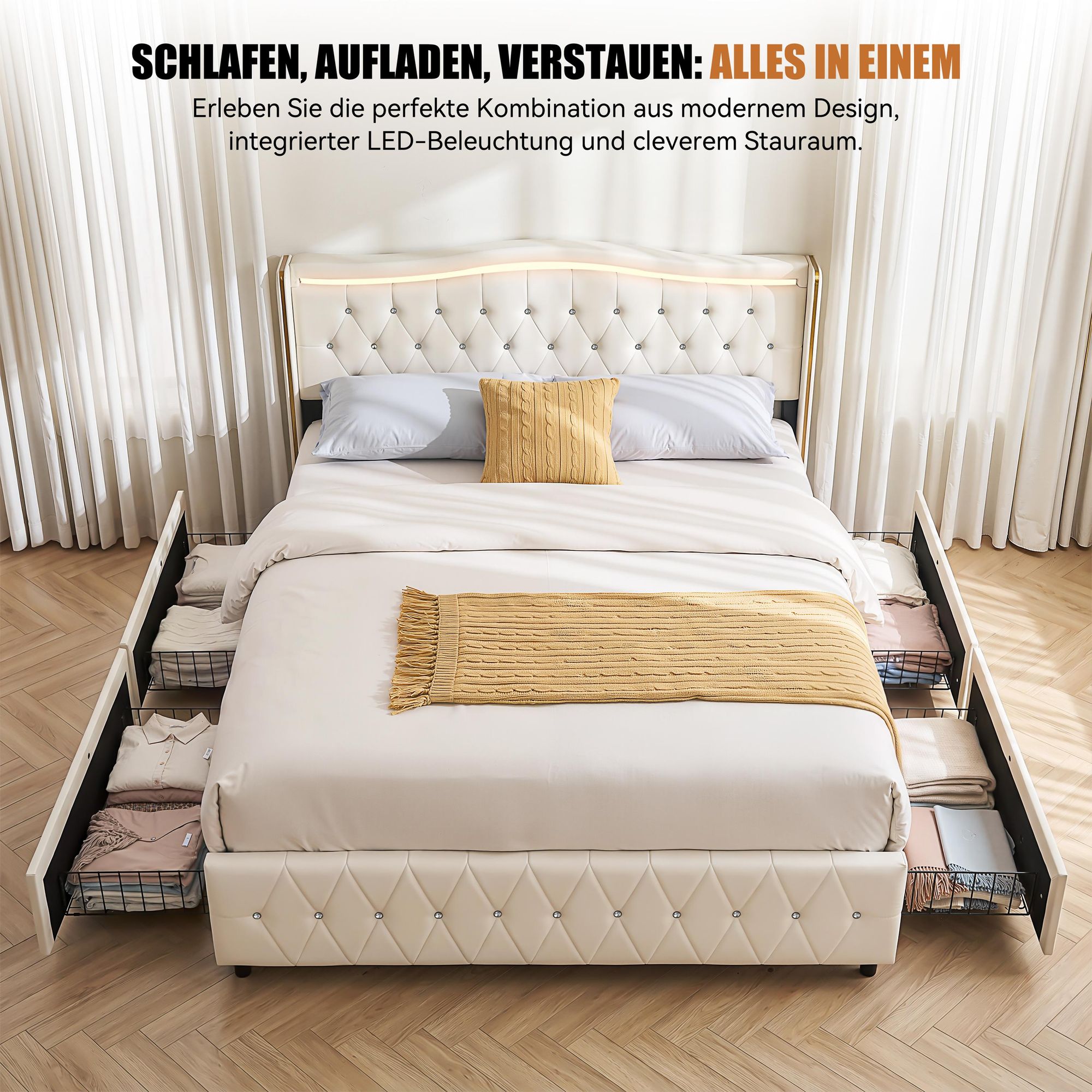 OYAJIA Polsterbett 140x200cm mit LED, Doppelbett mit 4Schubladen Stauraum und Kopfteil, Stauraumbett Jugendbett mit USB&Type-C, Kunstleder Bettgestell