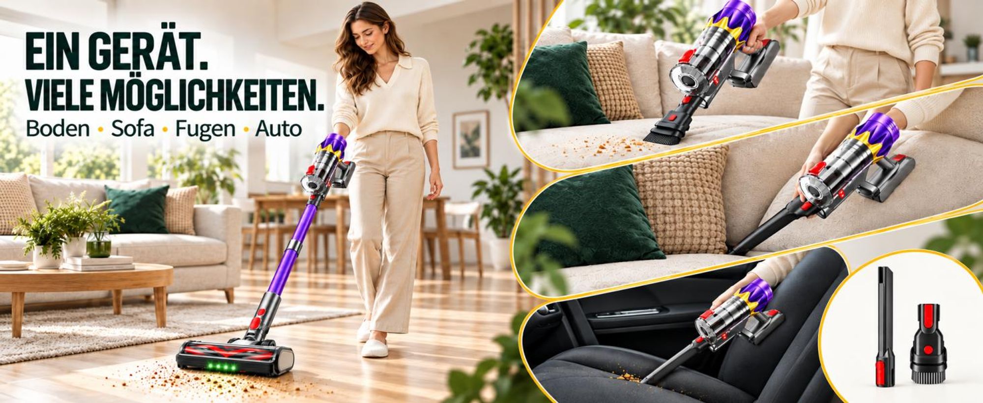 80000Pa Akku-Staubsauger 750W/80 Min., kabelloser Hand- und Stielstaubsauger, ultraleise, Smart-Display, leicht, Anti-Verwicklung für Tierhaare & Auto