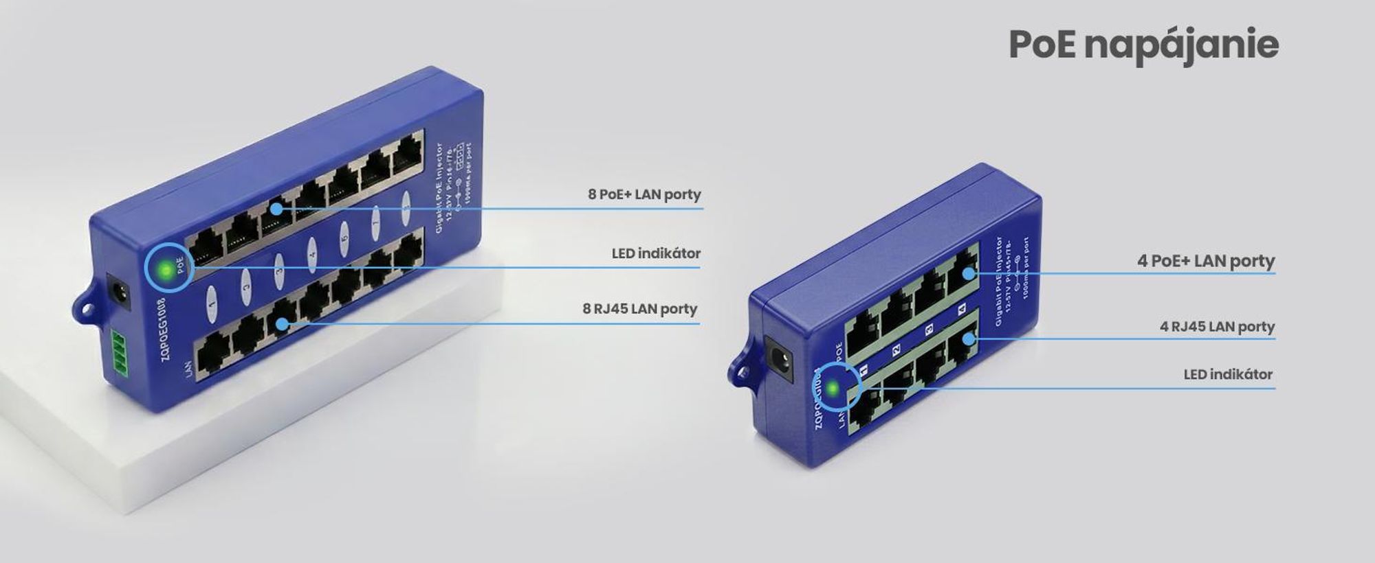 Extralink Gigabit PoE injektor 4 porty – 4x RJ45 1000 Mb/s, PoE adaptér pre IP kamery a LAN zariadenia