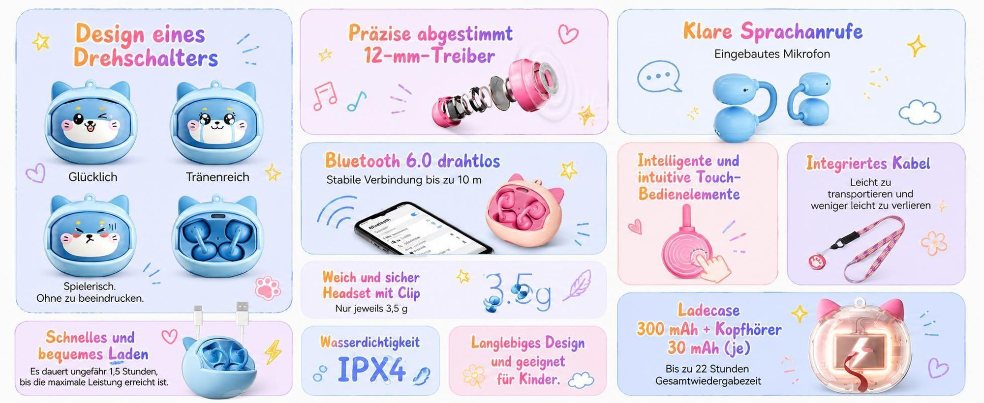 Blackview AirBuds K1 over ear Kinder Kopfhörer, Bluetooth 5.0/6.0, 22 Std. Laufzeit, Gehörschutz, Touch Steuerung, IPX4, fur Schule/Tablet/Handy/PC