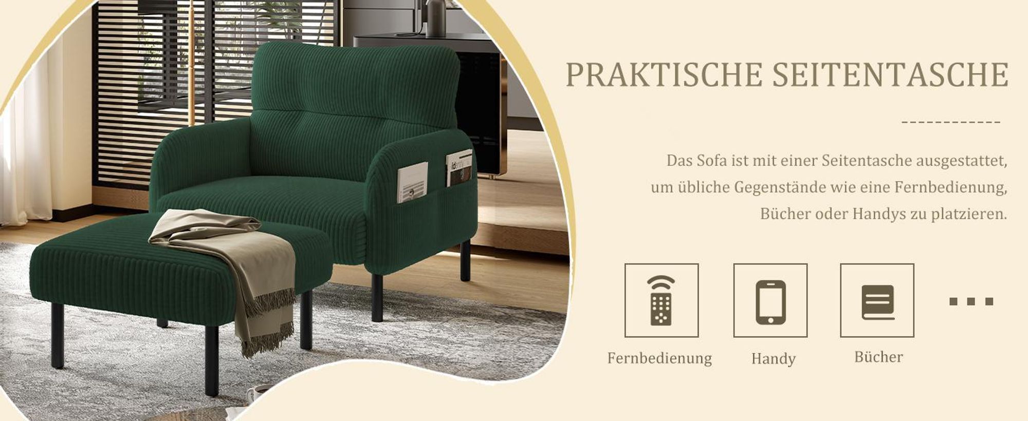 LVHOM Sessel mit Seitentaschen, Relaxsessel Cordstoff, Polstersessel Lehnstuhl Wohnzimmersessel mit Metallbeine, Beige