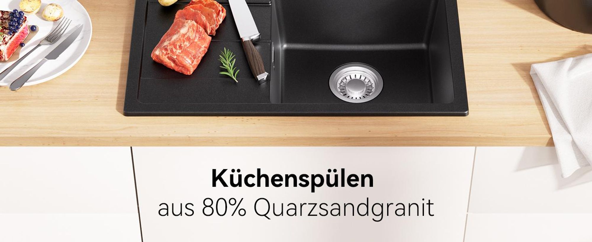 Granitspüle schwarz 65x45cm mit Abtropffläche, Kratzfest & Hitzebeständig Einbauspüle, Sofetiy, Quarzsand Küchenspüle, Spülebecken für Küche