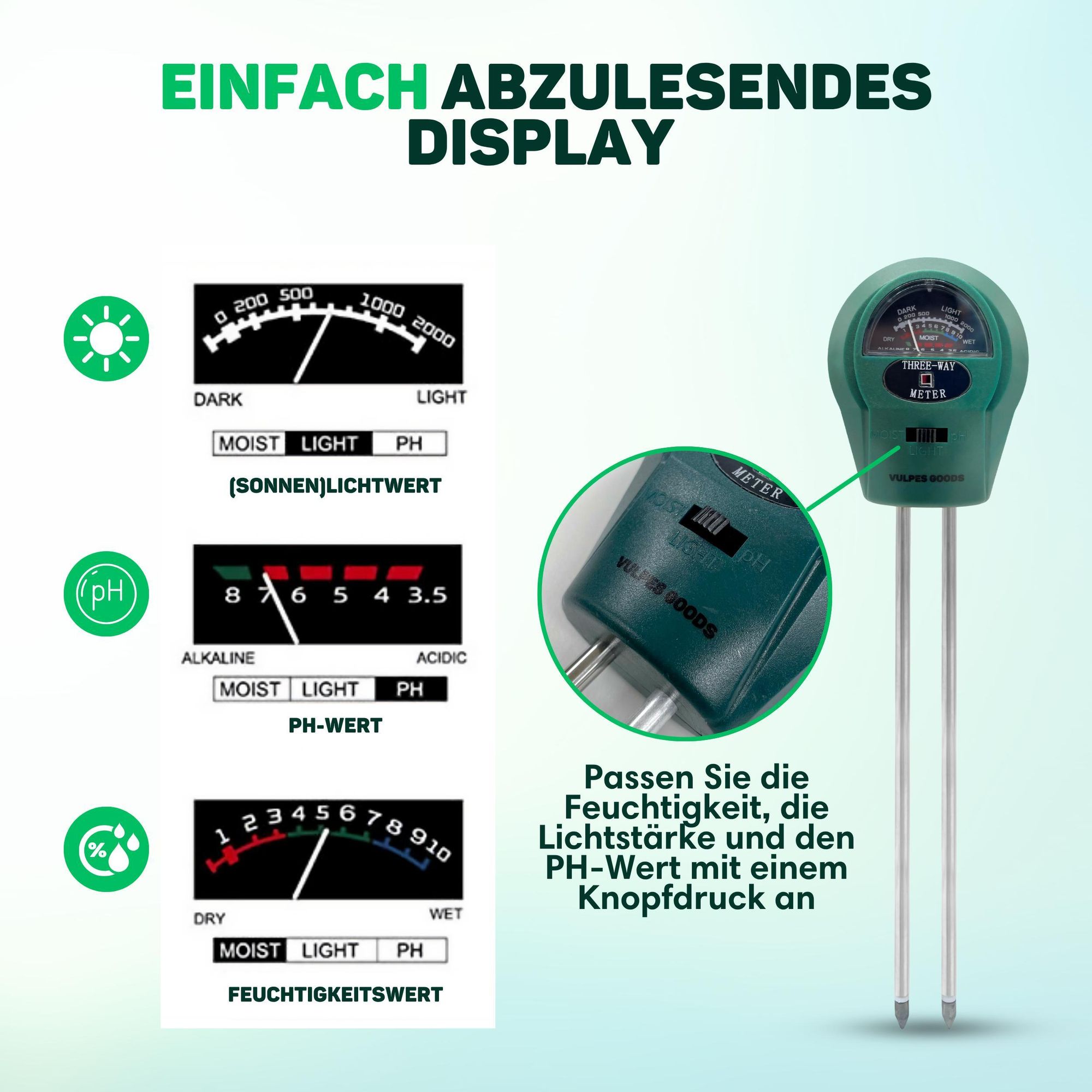 Vulpes Goods Boden Feuchtigkeitsmessgerät, Für Pflanzen, 3-in-1, Feuchtigkeitsmesser für die Gartenarbeit, pH Licht, Blumen, Pflanzen, Boden testen