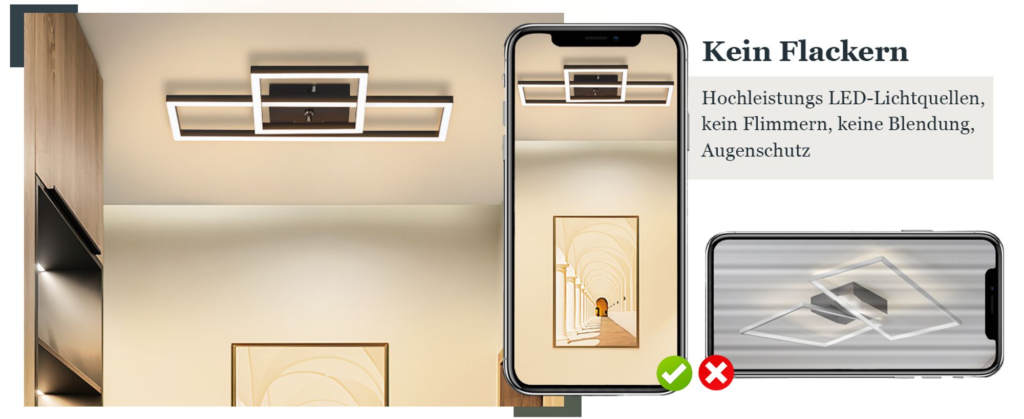 ZMH Deckenlampe LED Deckenleuchte 20W Wohnzimmerlampe Warmweiß Küchenlampe Modern Design Schwarz Schlafzimmer Lampe Eckig Deckenbeleuchtung