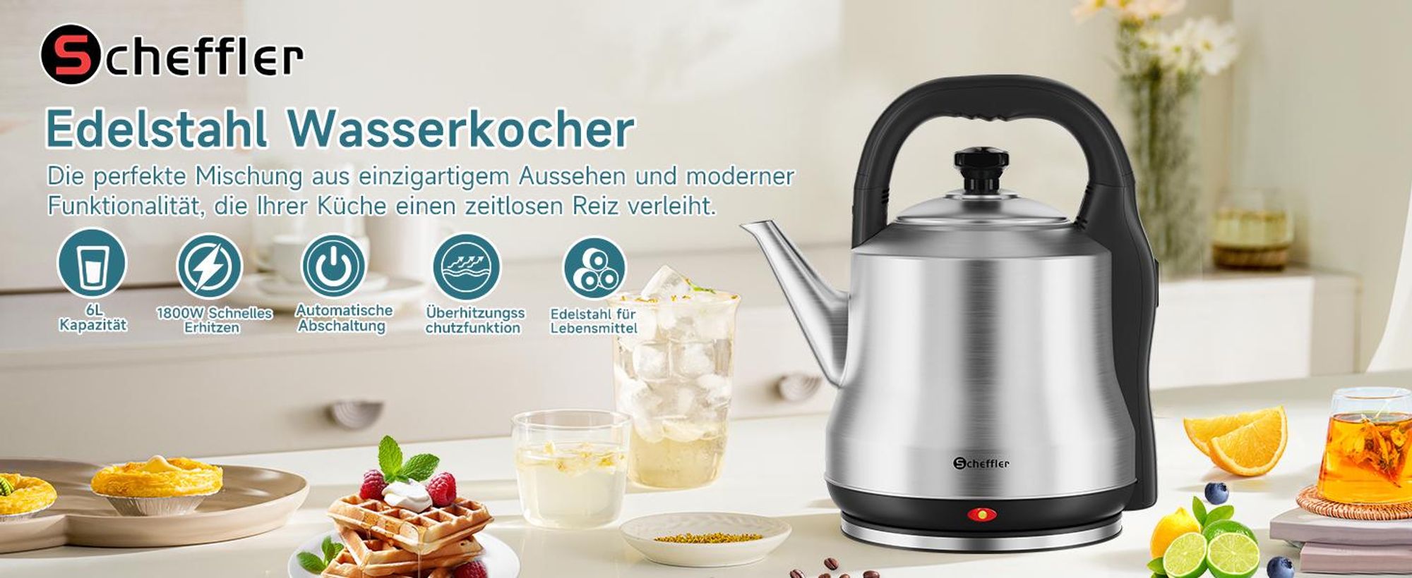SCHEFFLER Wasserkocher Edelstahl 6Liter Teekocher Elektrischer Trockengehschutz Schnellkochfunktion Perfect-pour-Ausgustülle Fester Filter BPA-frei