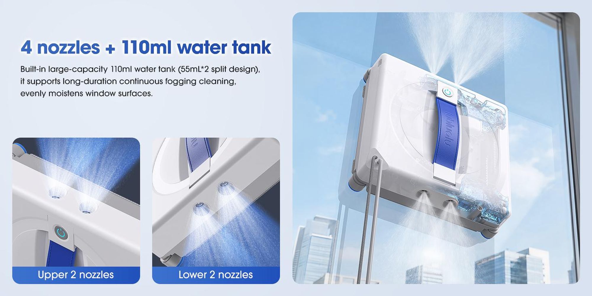 Lubluelu W100 Fensterputzroboter Fensterputzroboter mit Sprühfunktion Glasreinigungsroboter mit Fernbedienung und 4M Sicherheitsseil 7000PA Saugkraft