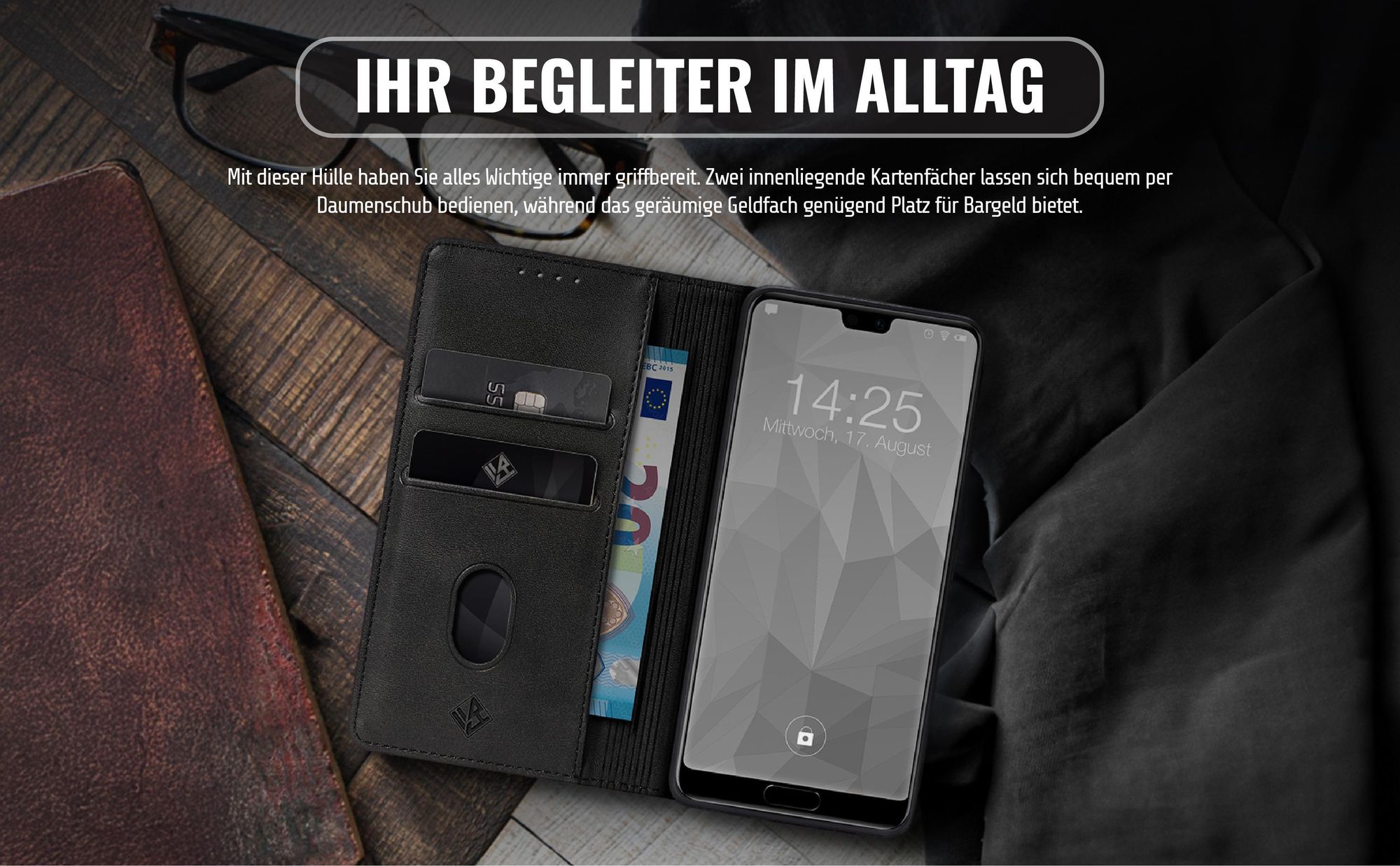 Edle Schutzhülle für Huawei P20 Pro mit Kartenfächern und Geldfach