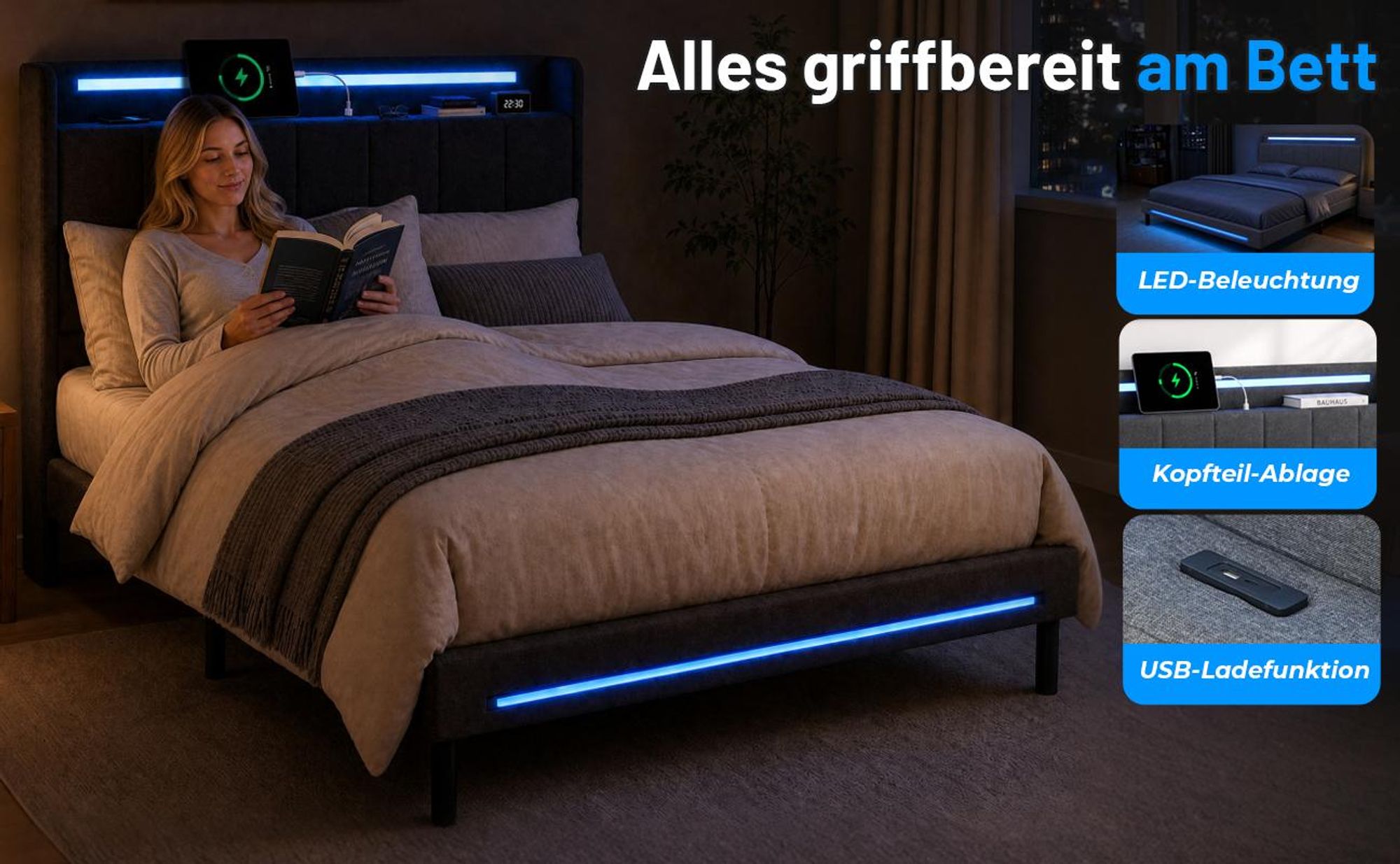 Polsterbett mit LED-Beleuchtung und USB-Ladefunktion, für Matratze 140x200cm, Doppelbett mit gepolstertem Kopfteil