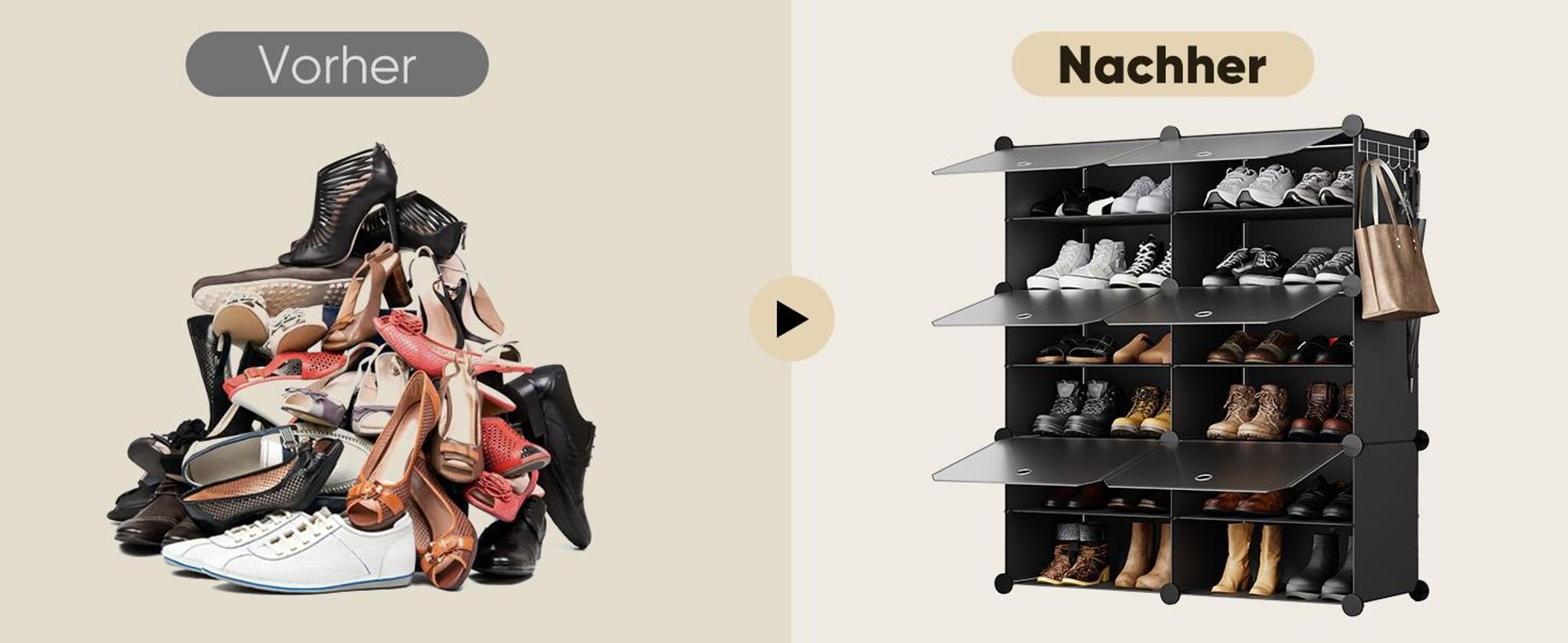 Sekey Schuhschrank Schuhregal für Flur mit 8 Fächern – für 32 Paar Schuhe, DIY Schuhablage, Kunststoff Schuhaufbewahrung, schwarz