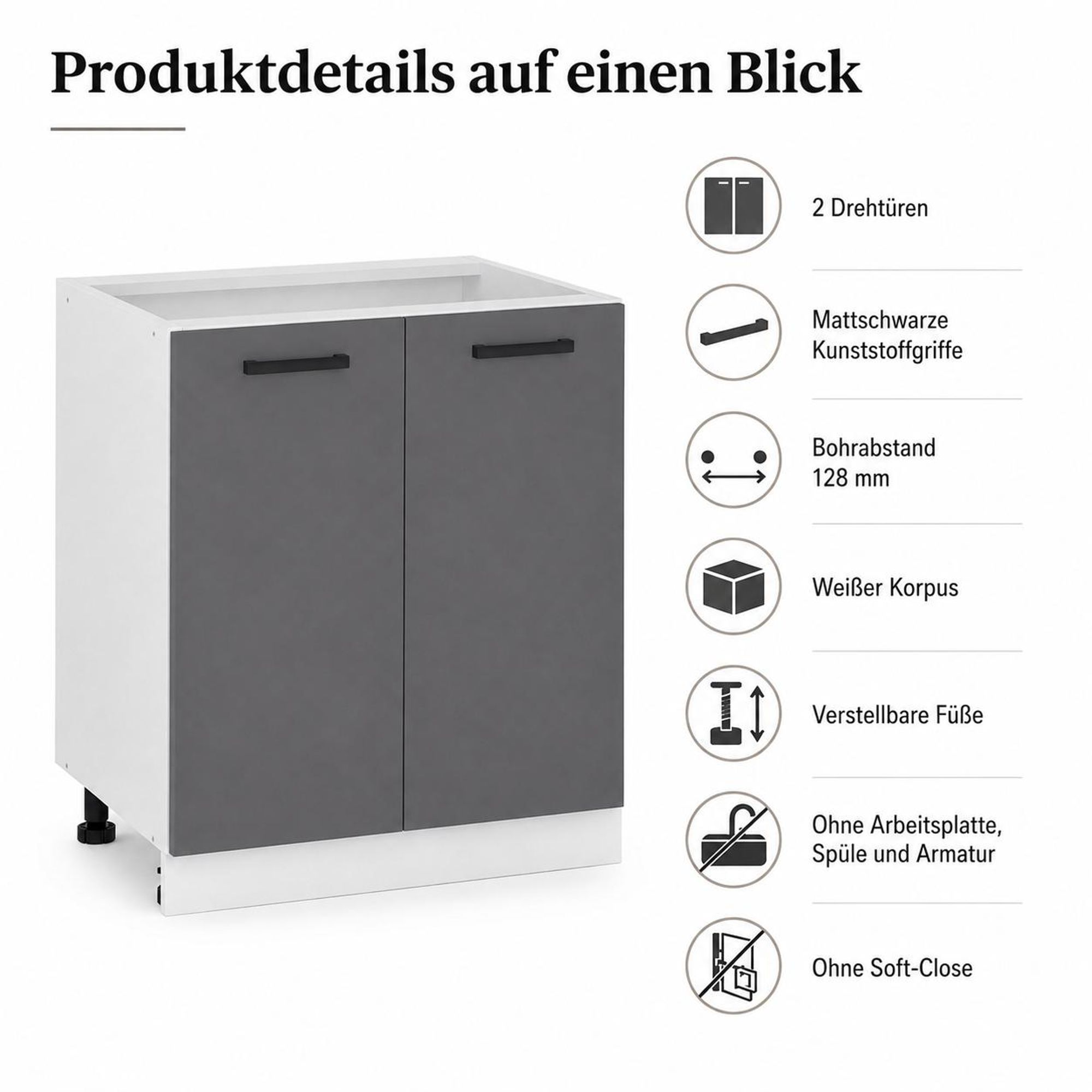 Spülenunterschrank 80 cm Anthrazit: Produktmaße 80x82x47 cm & Türbreite 39 cm.