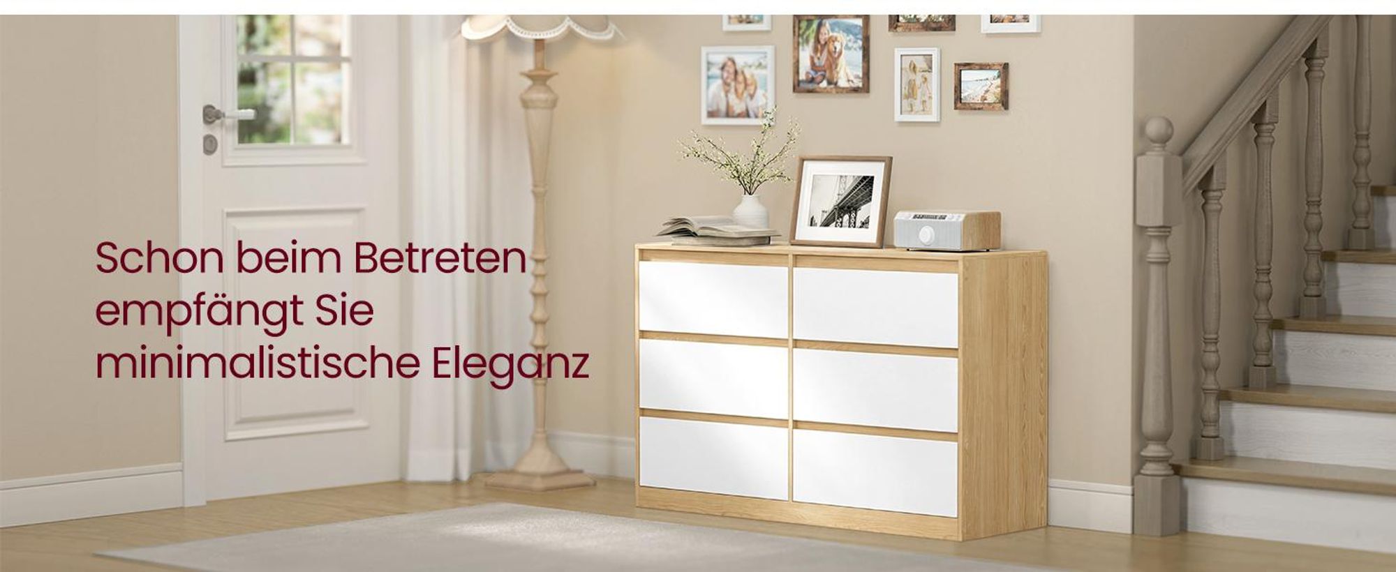 VASAGLE Kommode mit 6 Schubladen Modernes Sideboard für Schlafzimmer 119,4 x 40 x 75 cm Mandelgelb und Weiß