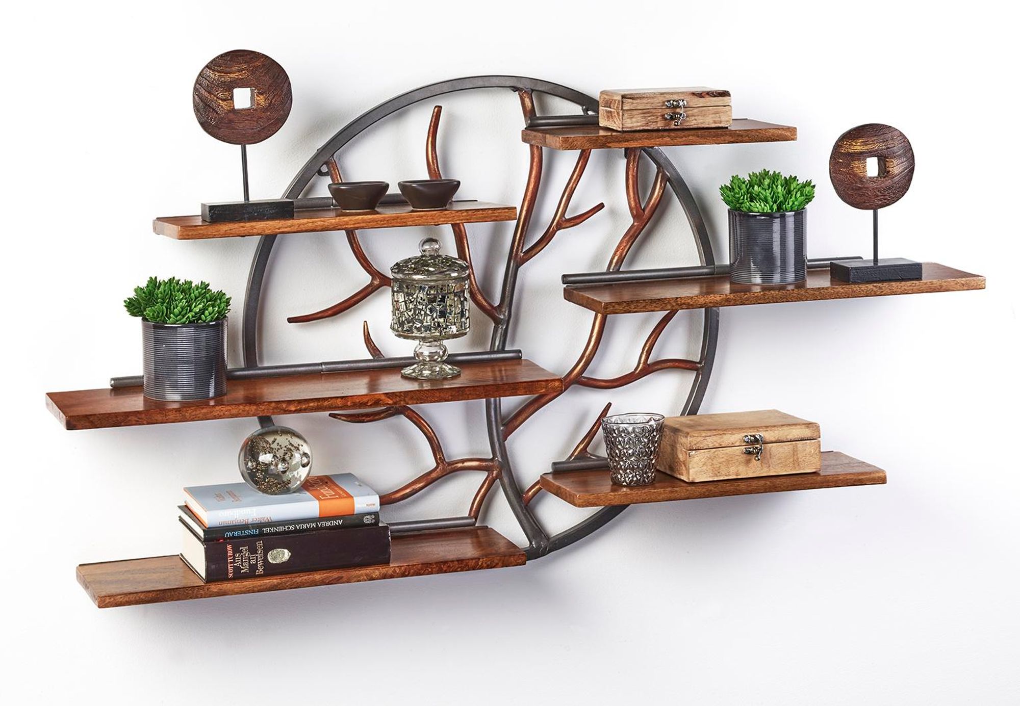 Kobolo Wandregal EDEN mit 6 Böden aus Holz Metall 115x15x61 cm Hängeregal Bücherregal Holzregal Metallregal Wandboard Schweberegal Ablageregal