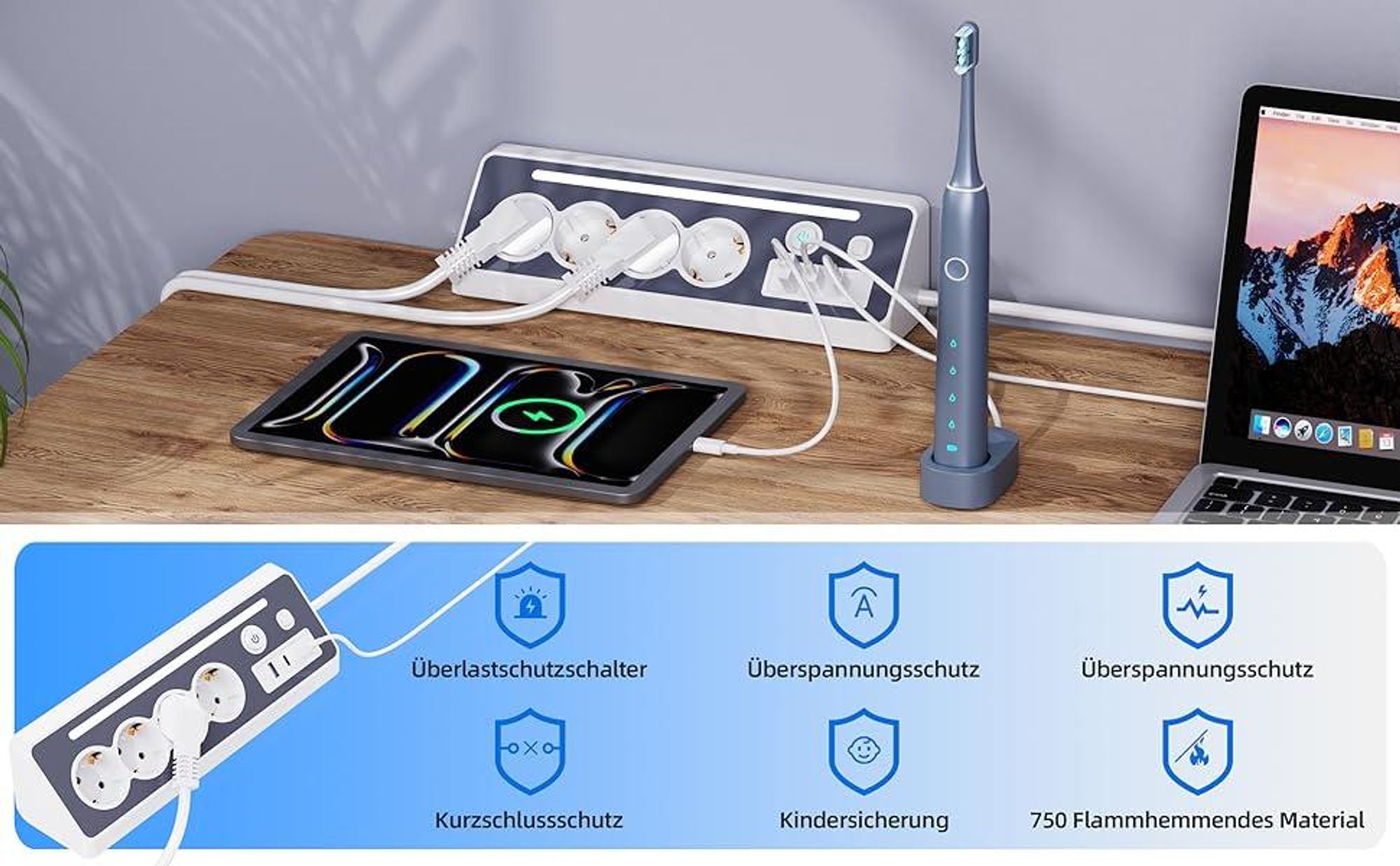 Steckdosenleiste, Steckerleiste, Tischsteckdose, 4 Fach Mehrfachsteckdose, Mehrfachstecker, 16A 3680W Ecksteckdose mit 2 Schalter, für Küche, Büro