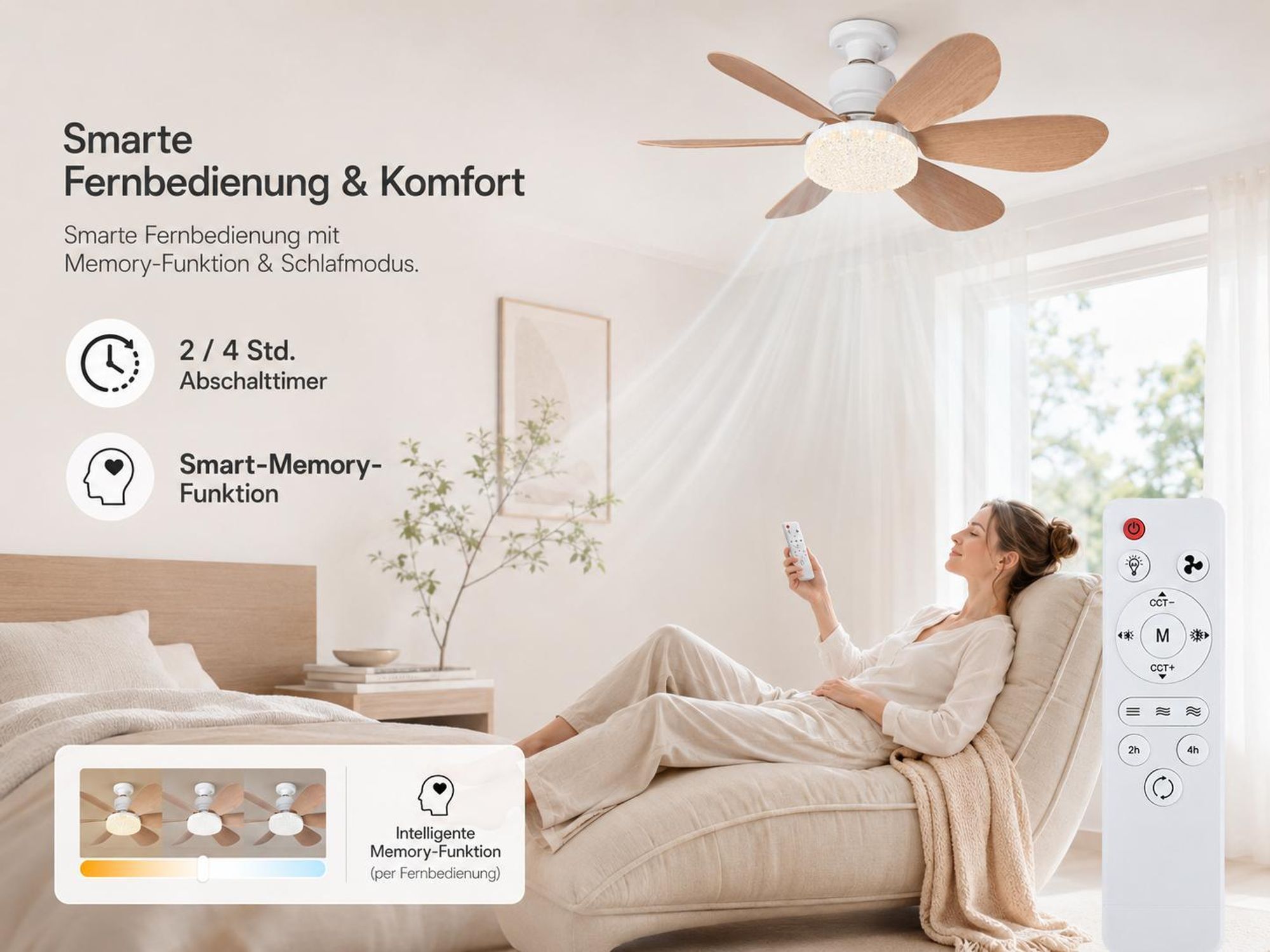 40W 52CM Deckenventilator mit Beleuchtung, LED Deckenleuchte mit Ventilator, 3 Windstufen, 3 Modi, Timer, Leise Lampe mit Ventilator Schlafzimmer