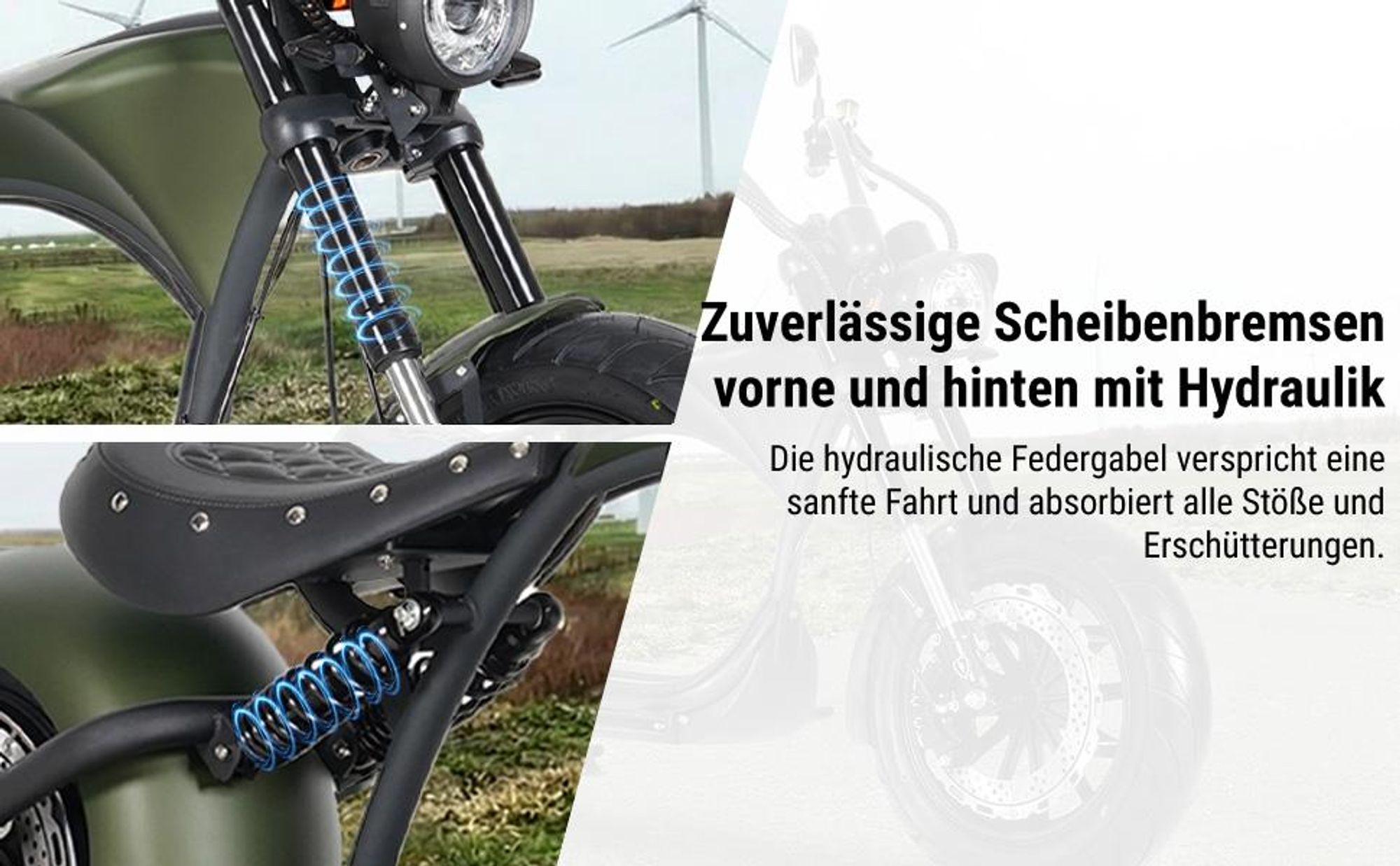 M1P E-Chopper Elektro-Kleinkraftrad 45 km/h, 2000W, 60V 30Ah Lithium-Akku, 80 km Reichweite, Hydraulikbremsen, Federung, abnehmbarer Akku, 200 kg