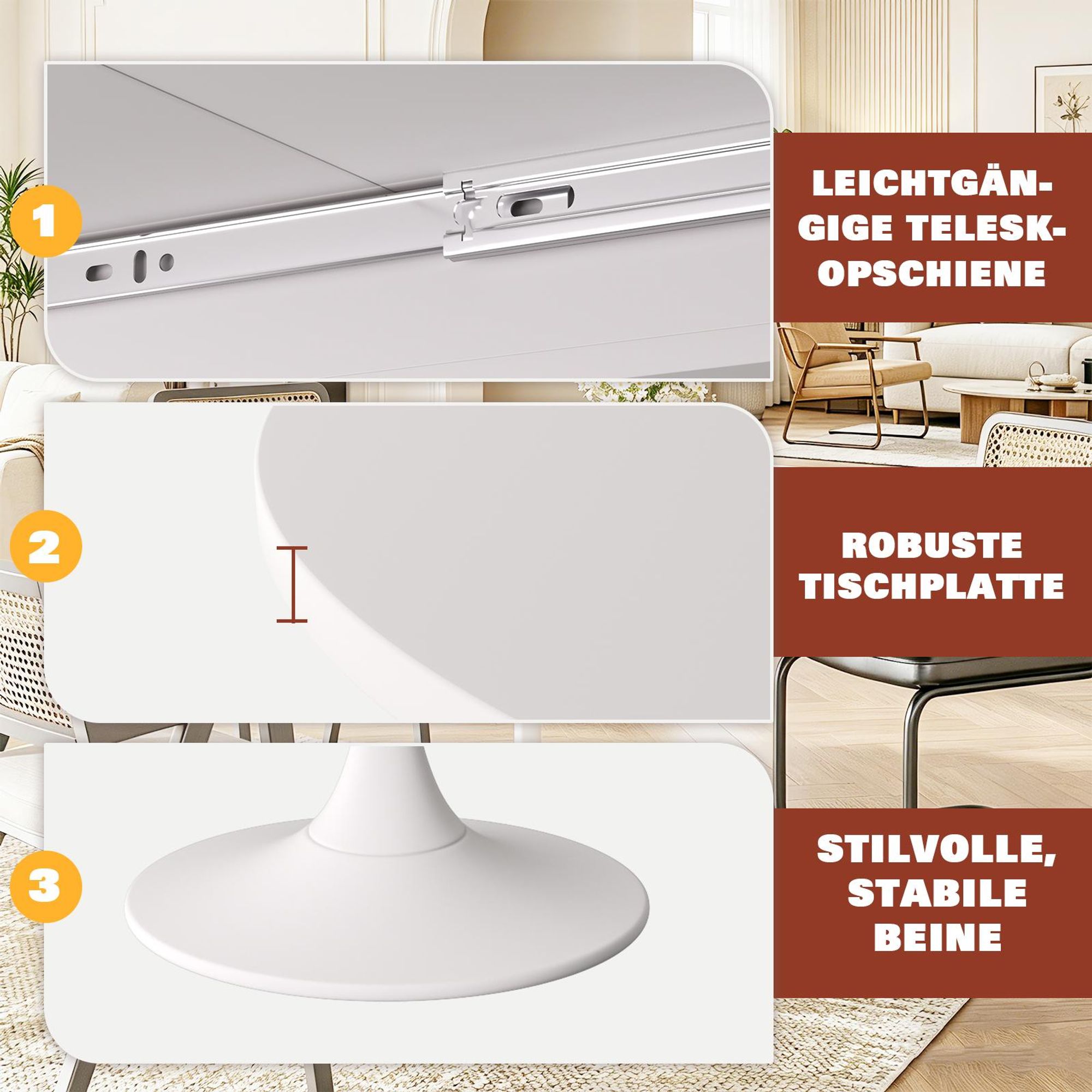 Ausziehbarer Esstisch100–130 x 80 cm,für 4–6 Personen platzsparender Küchentisch mit leichtgängiger Teleskopschiene,Weiß