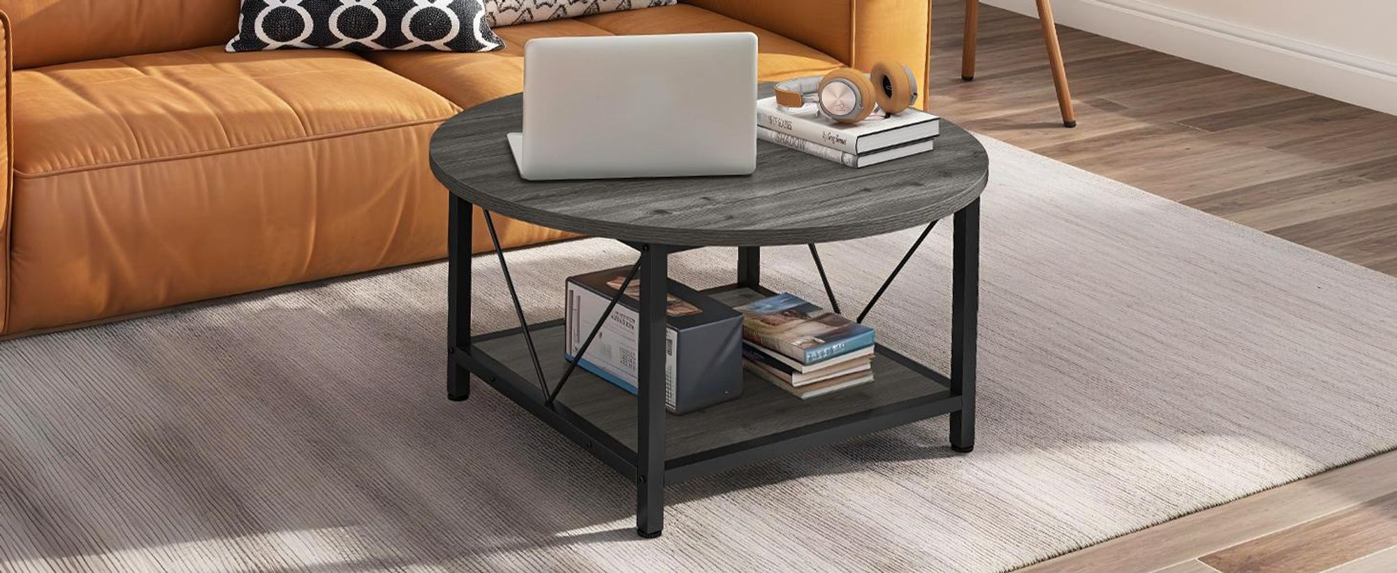 YITAHOME Runder Couchtisch, 2-stöckig mit Stauraum, Wohnzimmertisch, 80 x 80 x 46 cm, Dunkelgrau