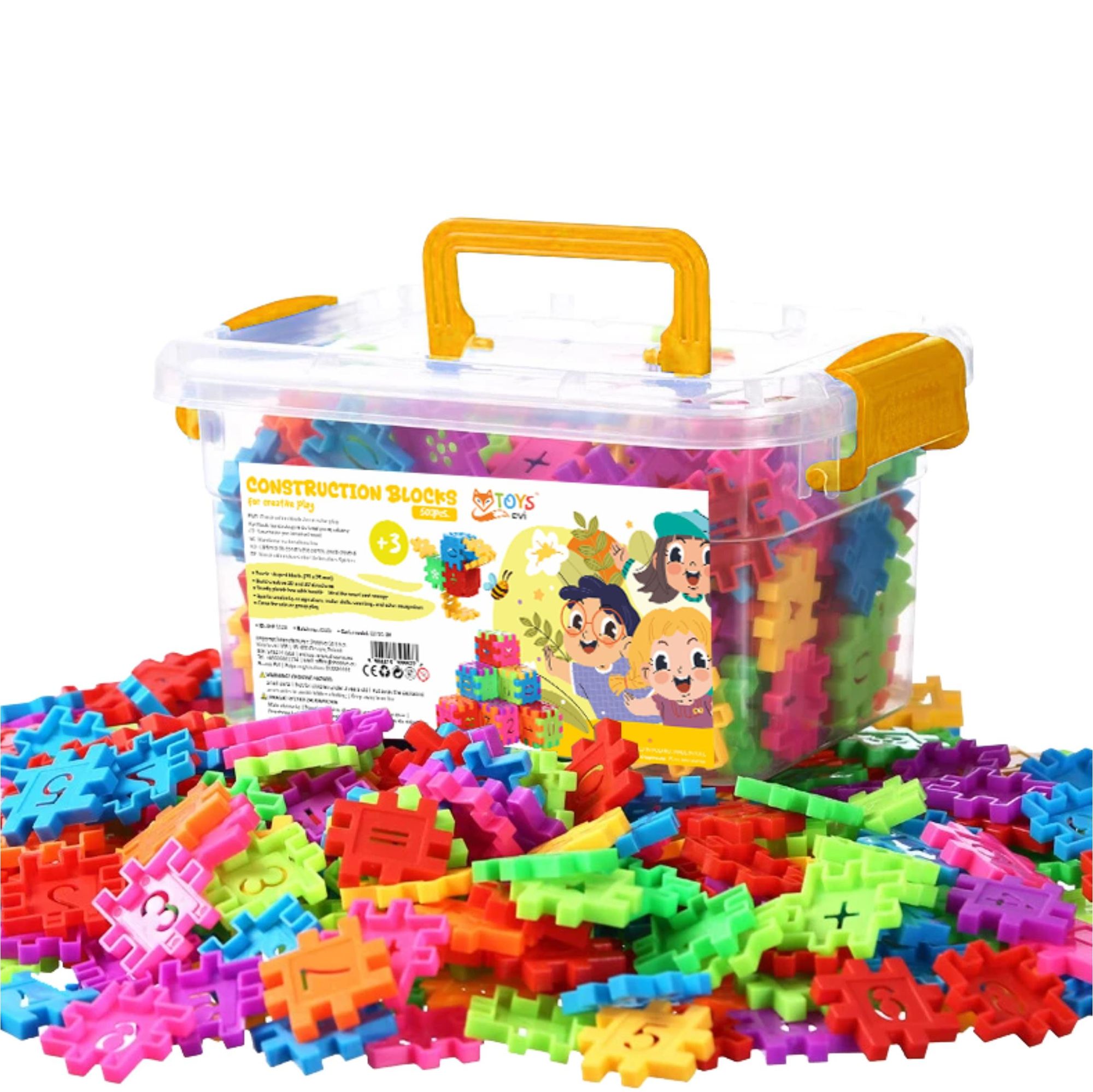 Waffelbausteine XXL Set 500 Teile, Lernspielzeug für Kinder ab 3 Jahre, Konstruktionsspielzeug Puzzle Bunte Bausteine Motorik Spielzeug, EVI TOYS Box
