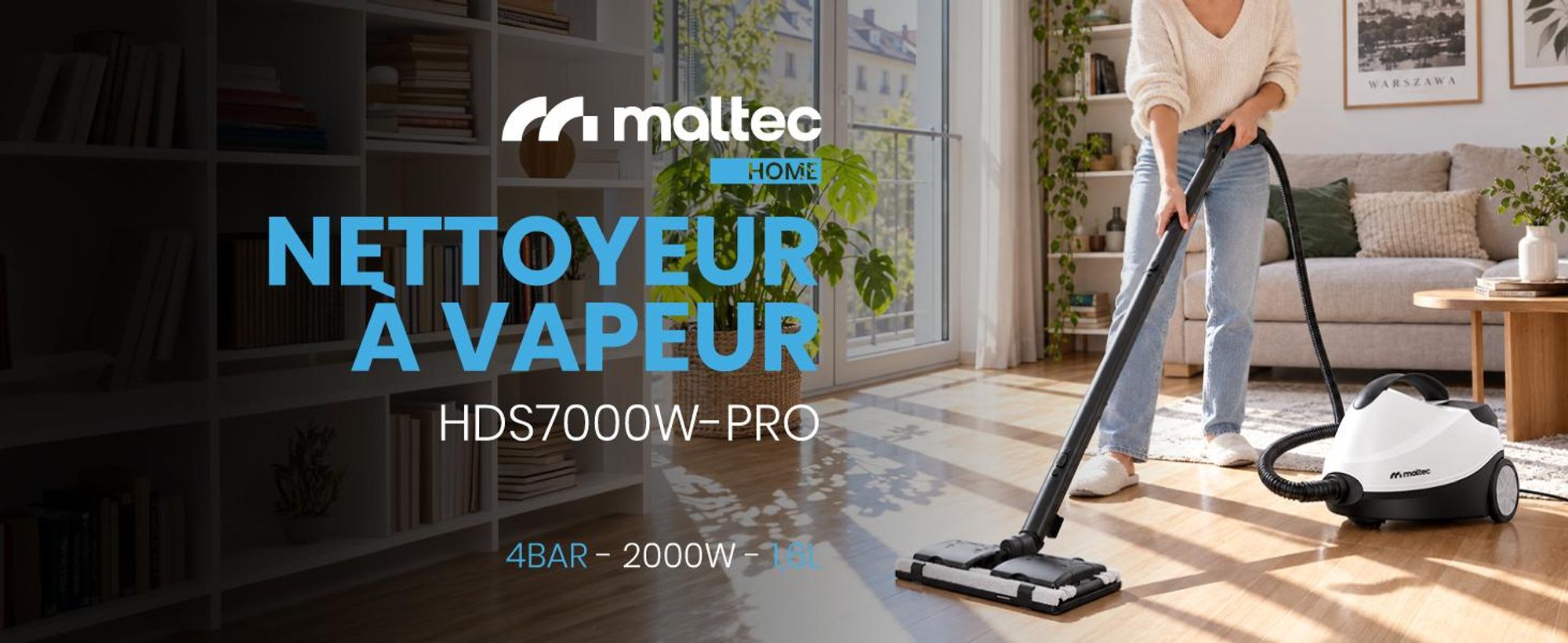 Nettoyeur vapeur HDS6000W-PRO MalTec avec accessoires : balai vapeur, nettoyeur vapeur multifonction, stérilisateur à vapeur, nettoyeur de vitres, 2000W, blanc
