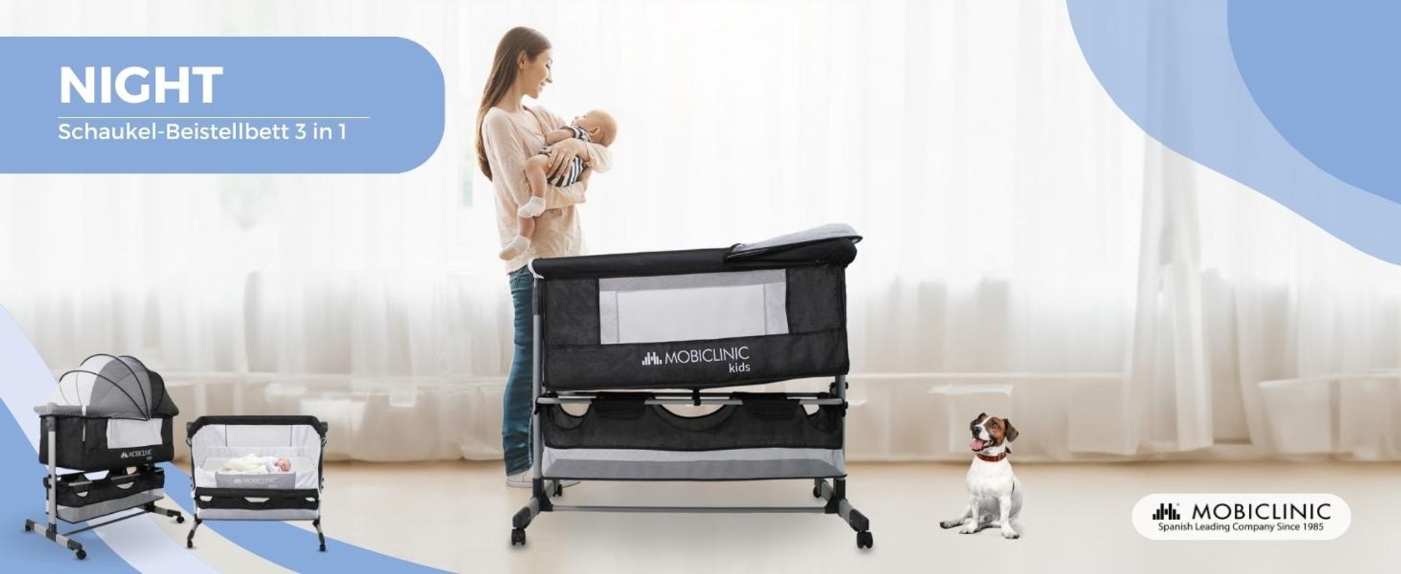 Babywiege 3 in 1, Babybett, Mobiclinic Wiege, Verstellbares Beistellbett, 87 x 58-66 x 81-76 cm, mit Rollen und Matratze, Höhenverstellbar in 3  Night