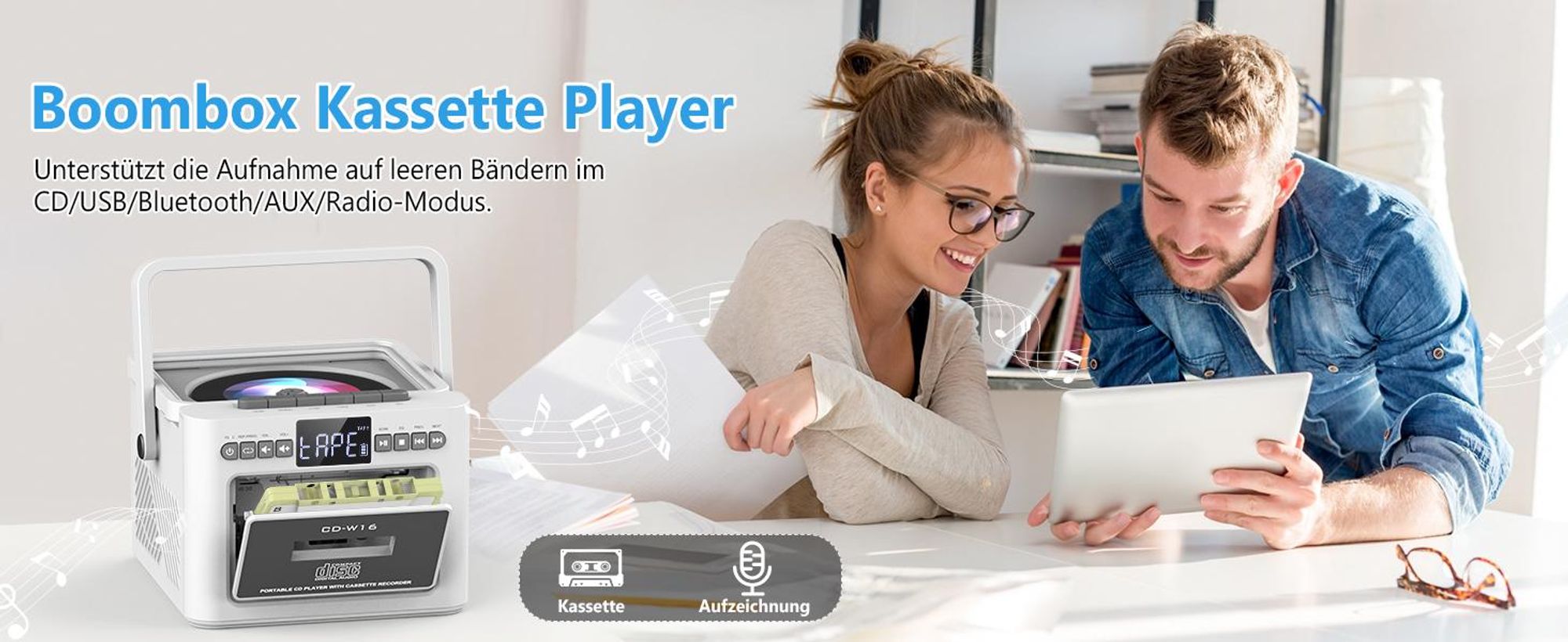 CD Player, Bluetooth Lautsprecher, Kassettenspieler mit UKW Radio, 5000mAh wiederaufladbare Akku, mit Fernbedienung, AUX/USB/SD Karte-In