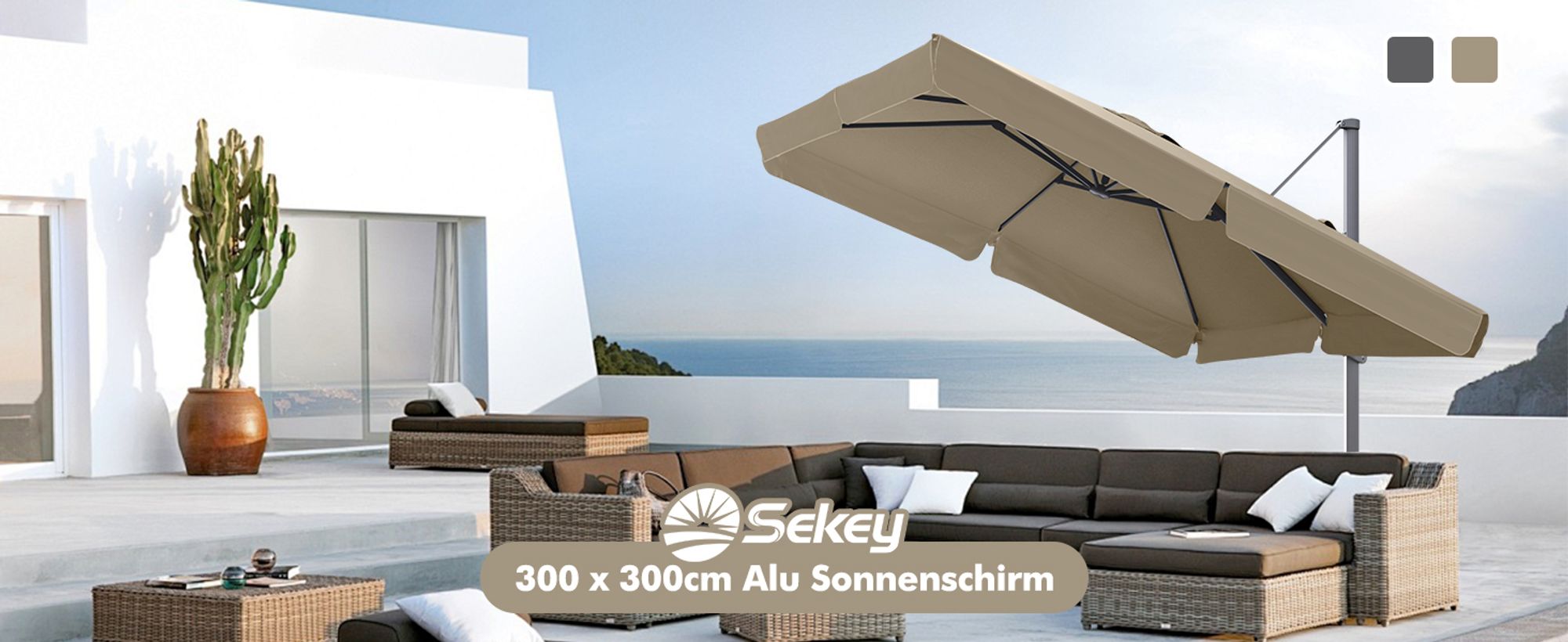 Sekey Sonnenschirm 300 ×300 cm Aluminium Ampelschirm Rechteckig Marktschirm 360° drehbar Sonnenschutz UV 50+ Marktschirm mit Schirmständer
